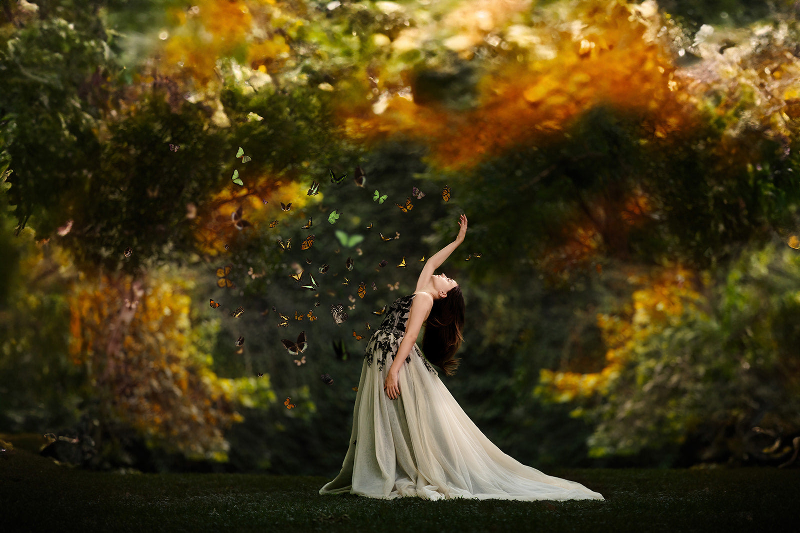 “Full-length custom couture gowns with sweeping skirts and refined details.”