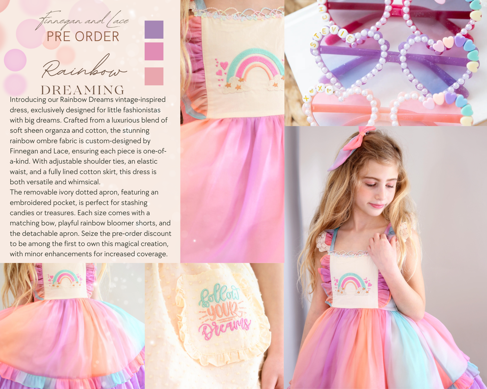 RAINBOW DREAMS by Finnegan and Lace Vintage inspired Dress Set (Includes Bow, Shorts and detach apron)