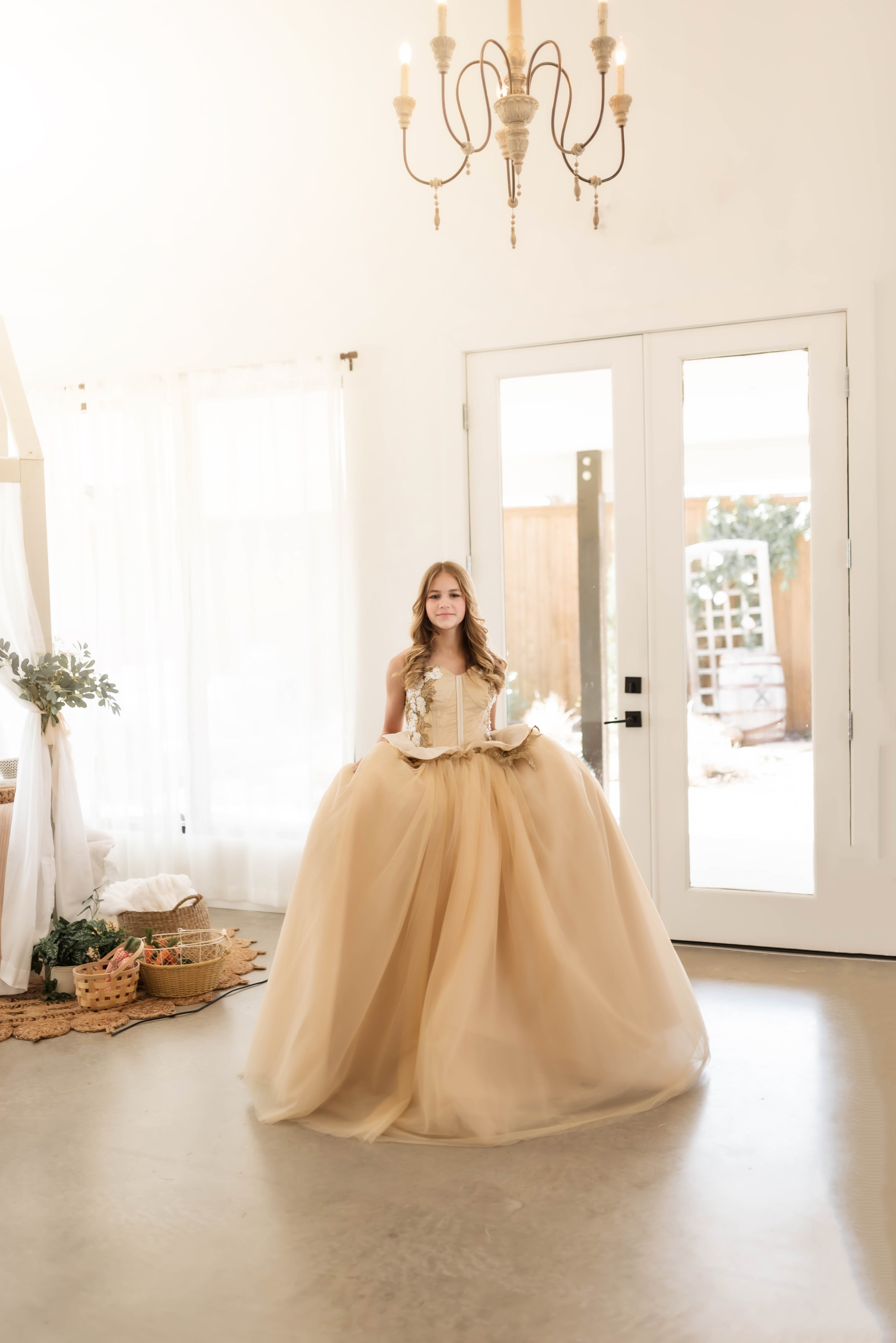 "Lumière Dorée" Couture Floor length gown  (13 Year - Petite ADULT size 6)