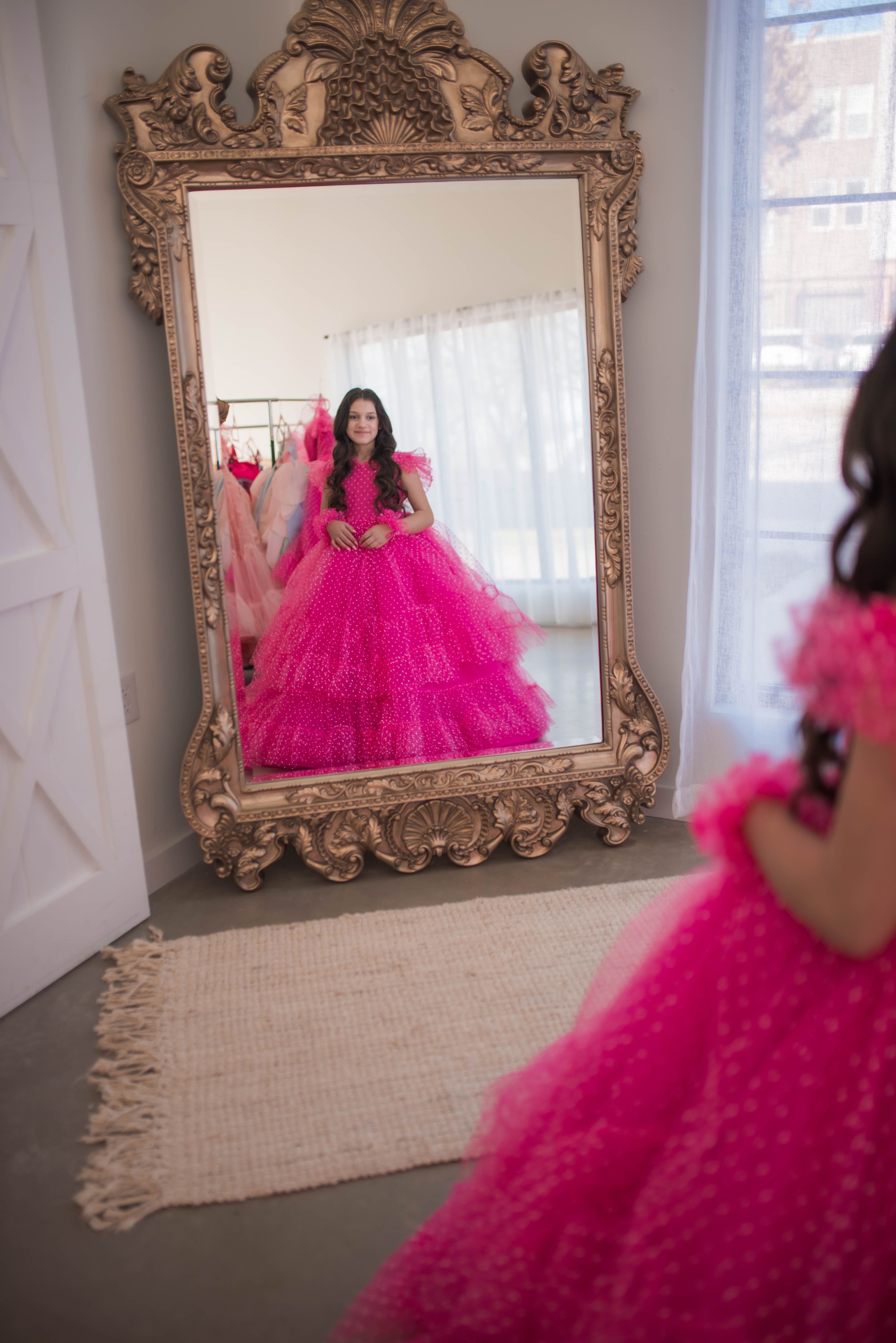 Swish Dots Couture Gown -pink- Floor length dress+Wristlets (8 Year - 9 Year up to a petite 10 year)