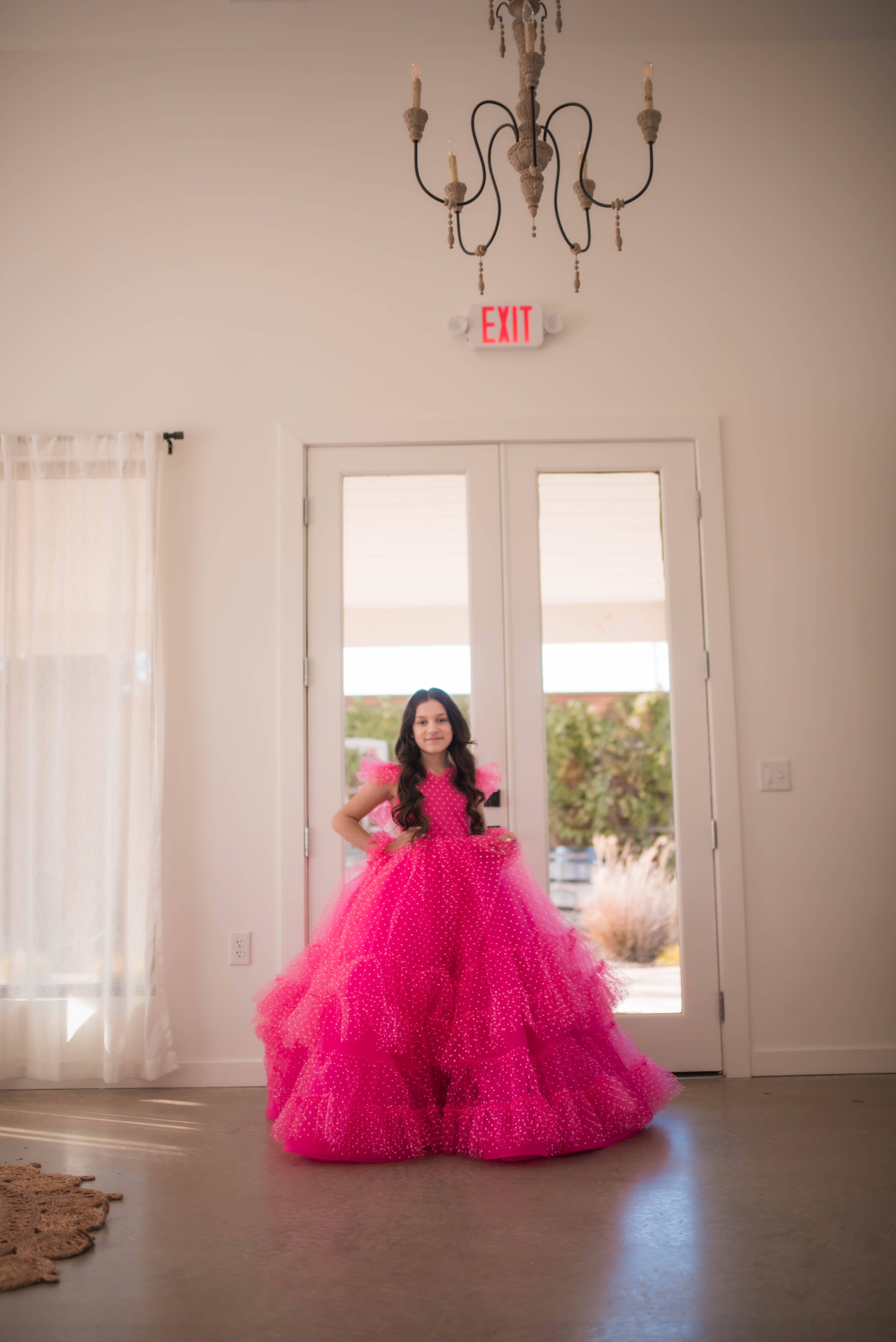 Swish Dots Couture Gown -pink- Floor length dress+Wristlets (8 Year - 9 Year up to a petite 10 year)