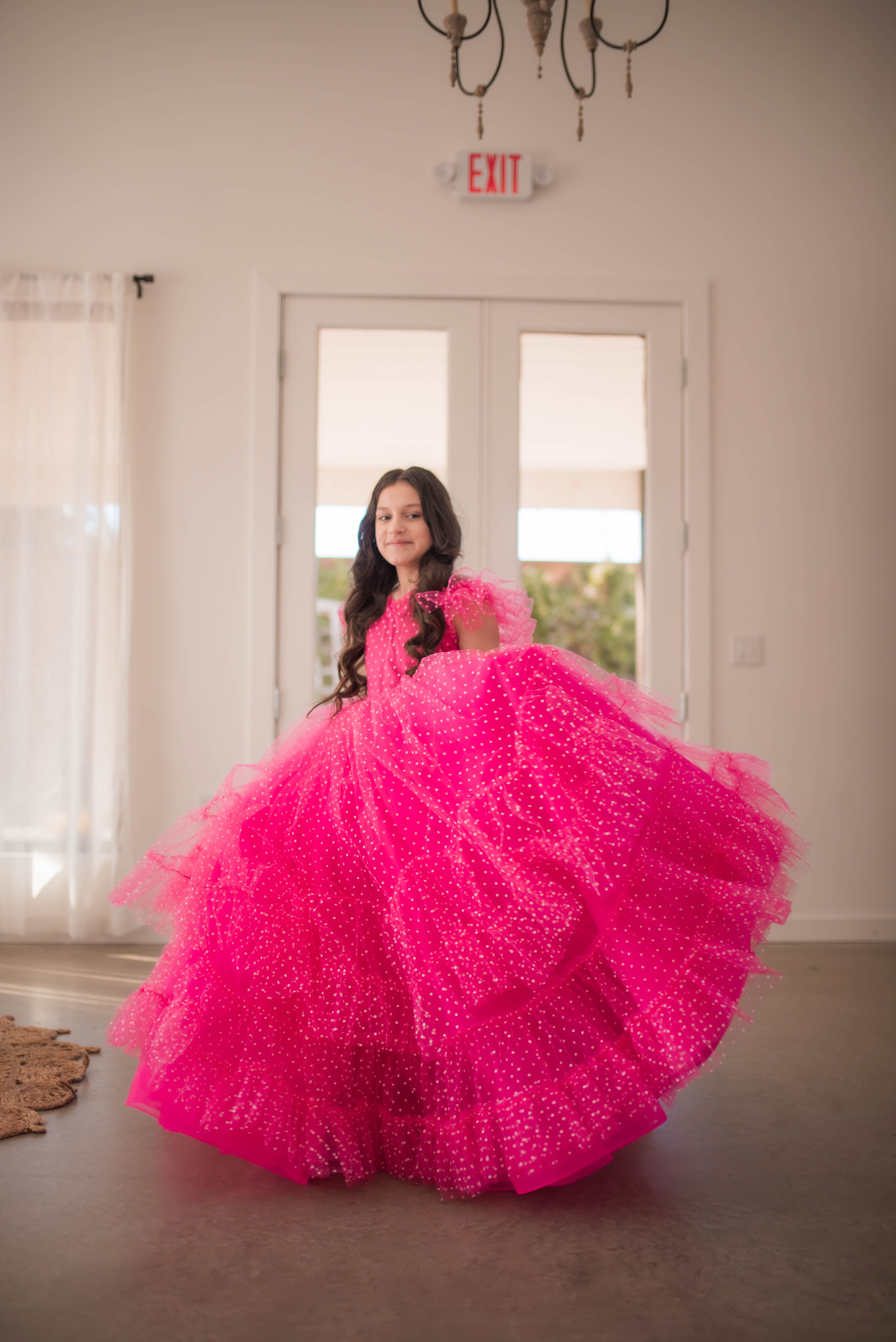 Swish Dots Couture Gown -pink- Floor length dress+Wristlets (8 Year - 9 Year up to a petite 10 year)