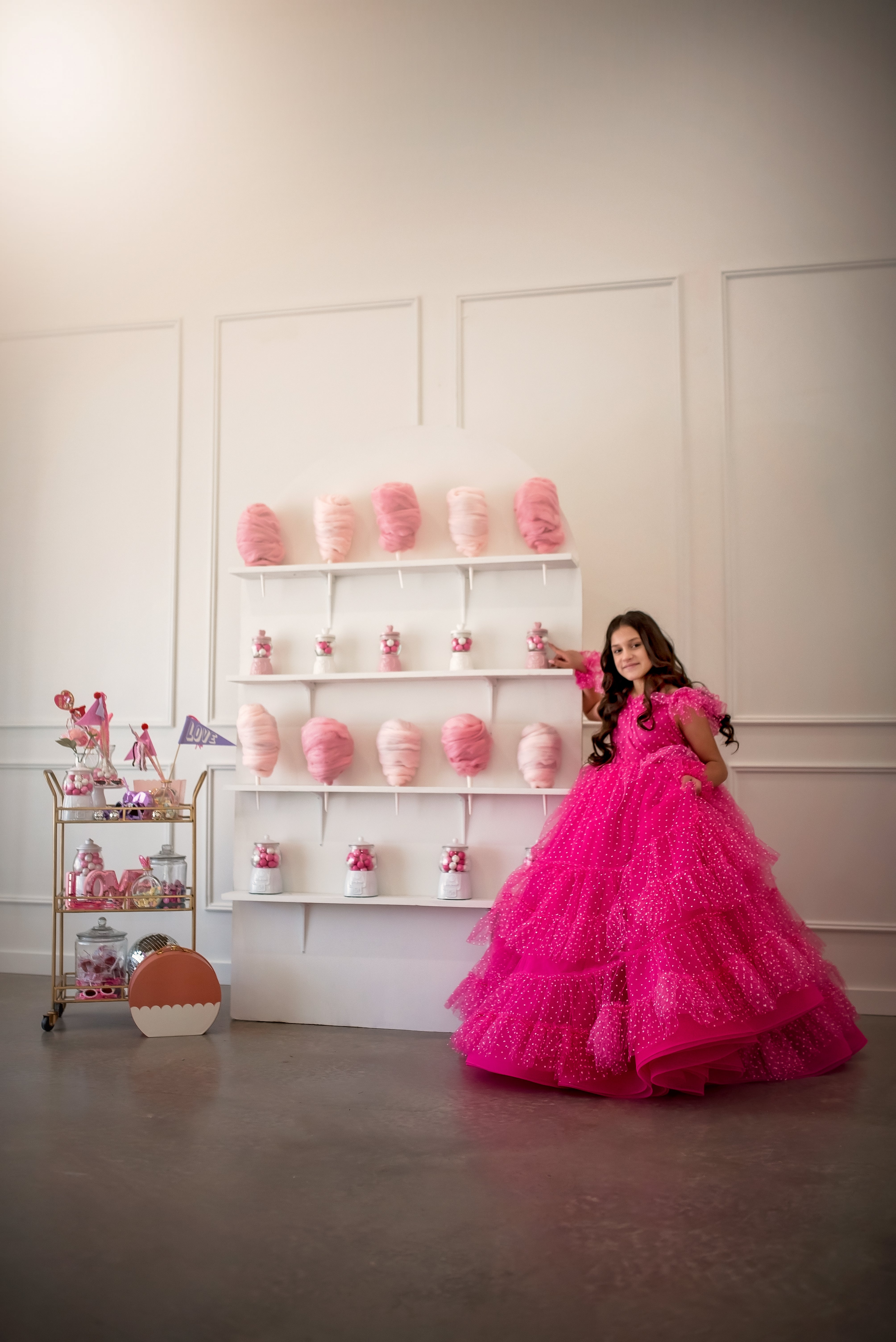 Swish Dots Couture Gown -pink- Floor length dress+Wristlets (8 Year - 9 Year up to a petite 10 year)