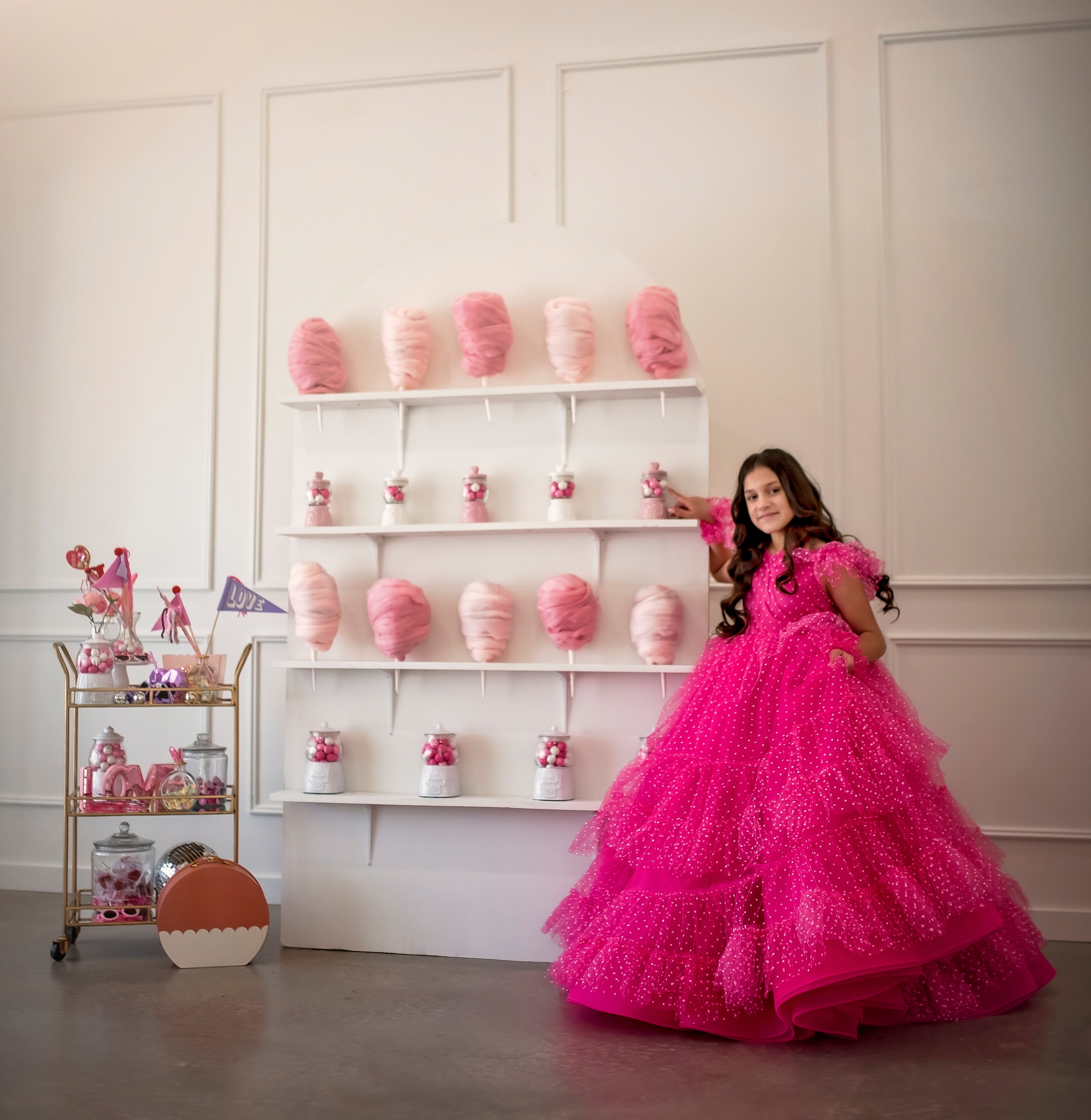 Swish Dots Couture Gown -pink- Floor length dress+Wristlets (8 Year - 9 Year up to a petite 10 year)