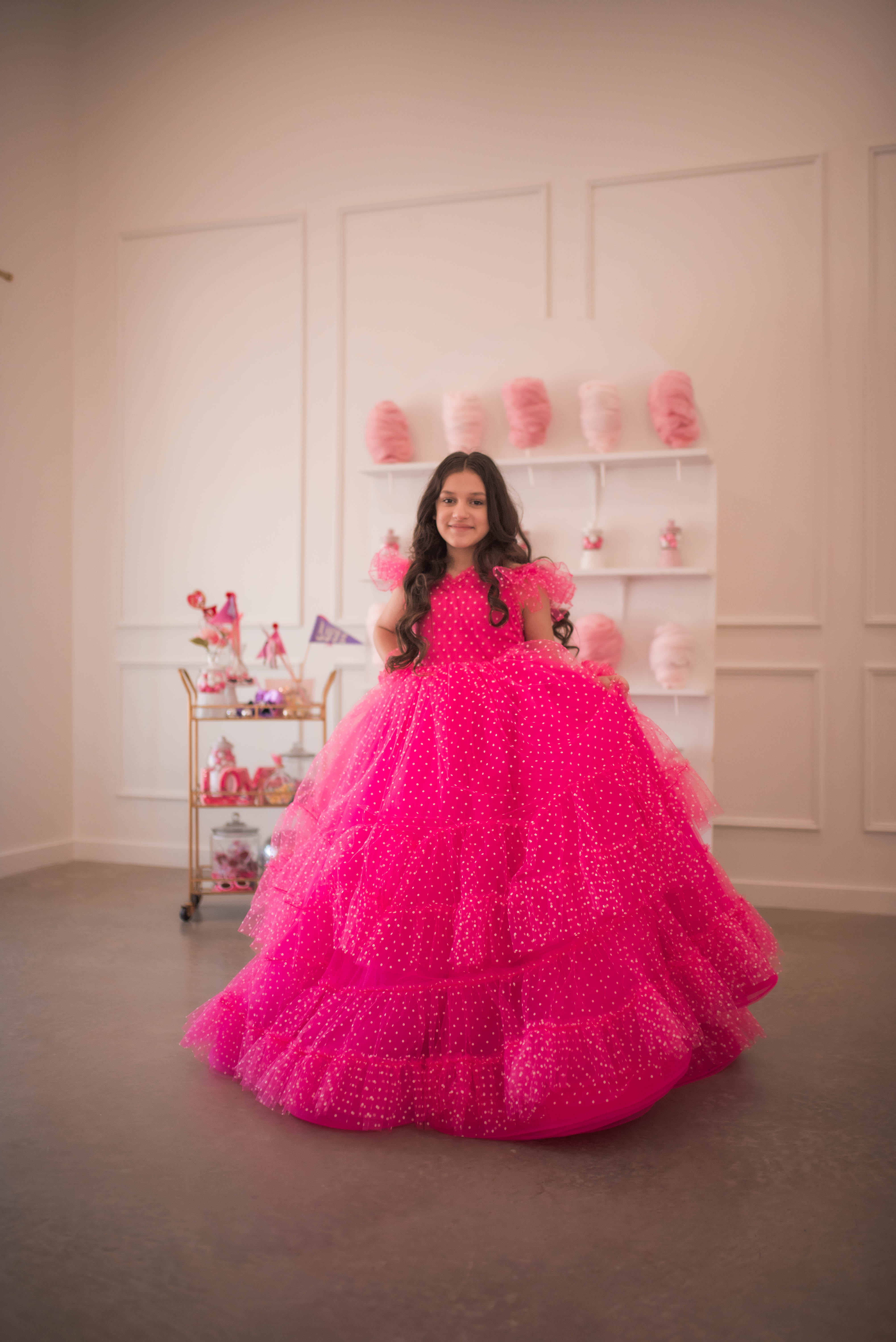 Swish Dots Couture Gown -pink- Floor length dress+Wristlets (8 Year - 9 Year up to a petite 10 year)