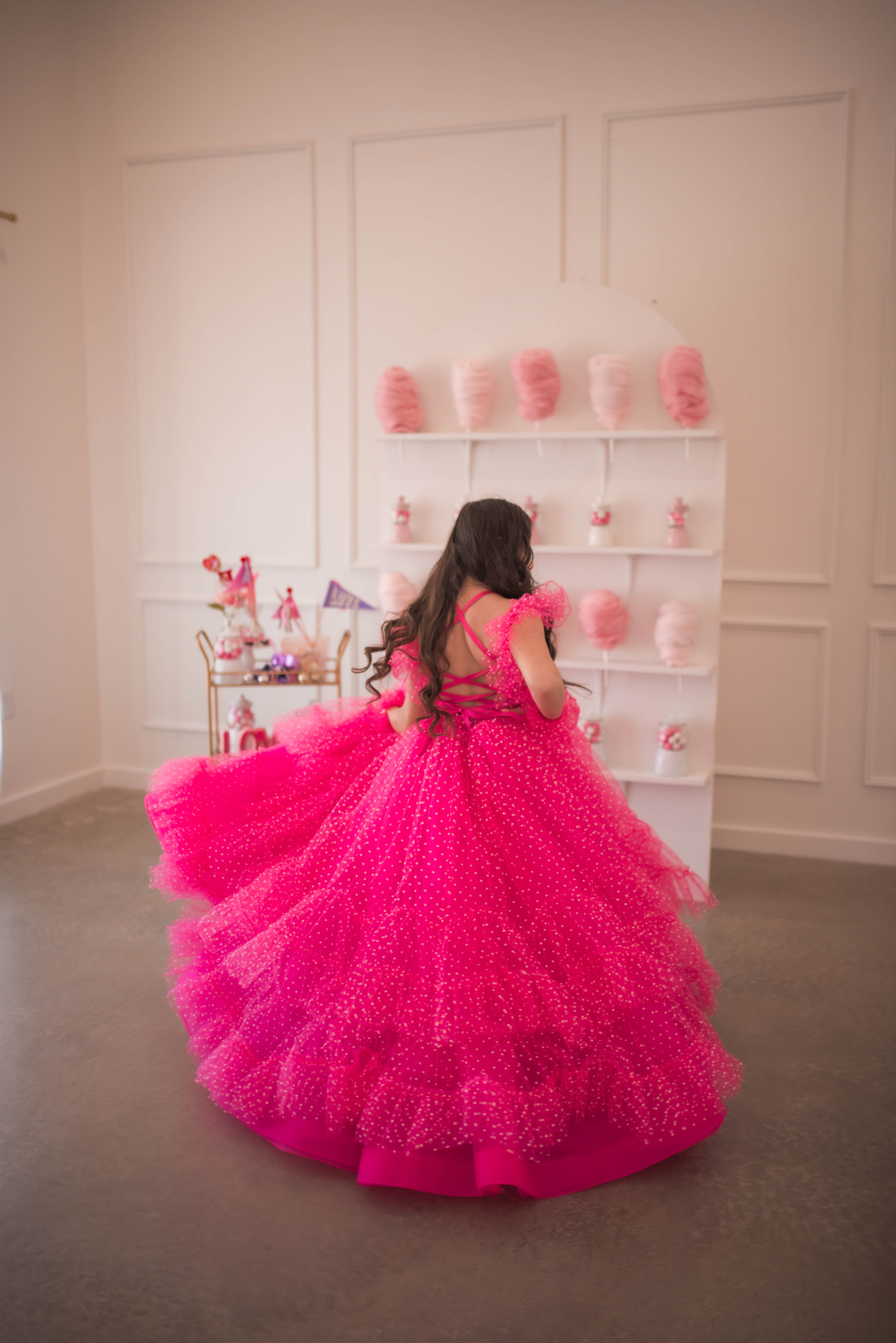 Swish Dots Couture Gown -pink- Floor length dress+Wristlets (8 Year - 9 Year up to a petite 10 year)