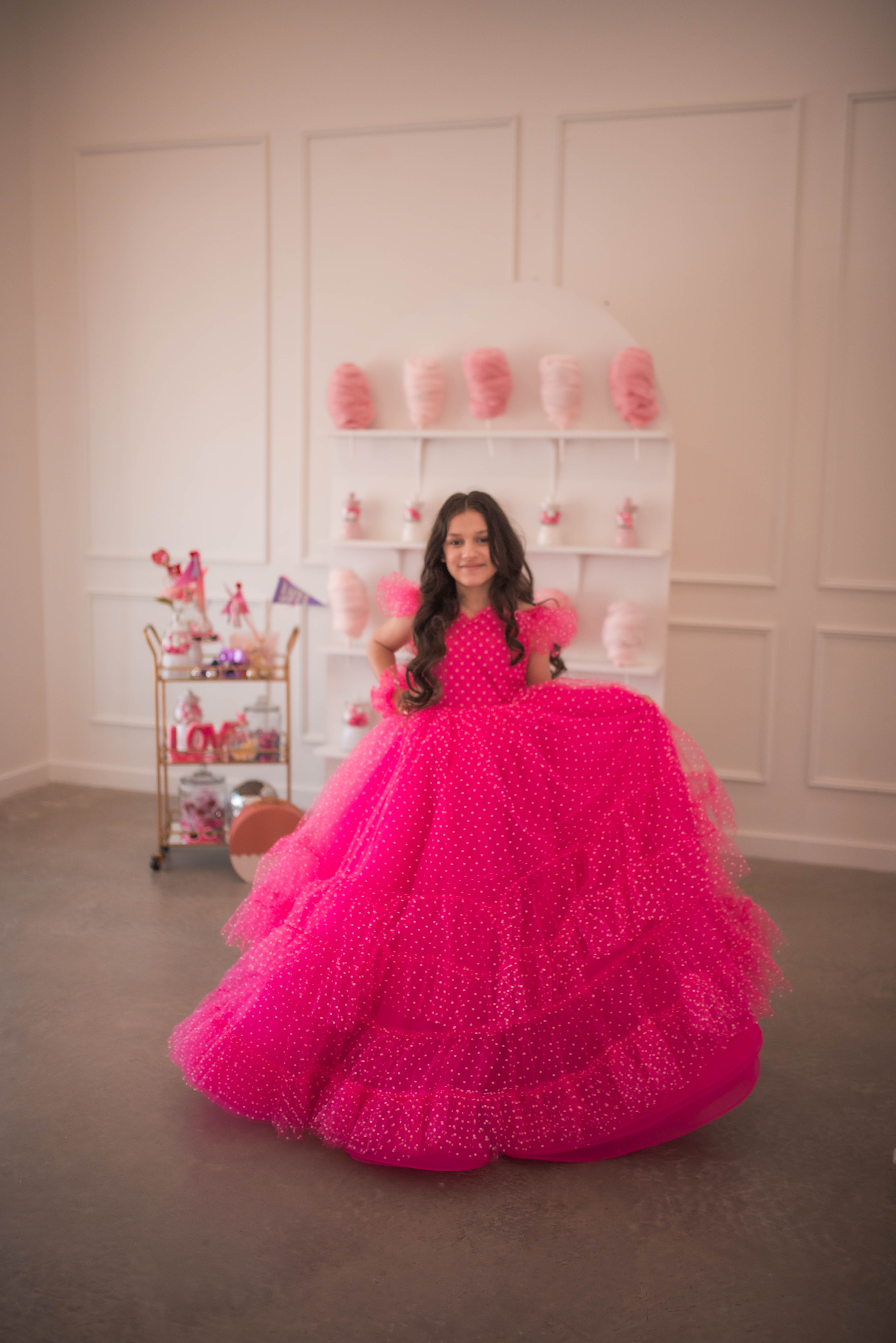 Swish Dots Couture Gown -pink- Floor length dress+Wristlets (8 Year - 9 Year up to a petite 10 year)