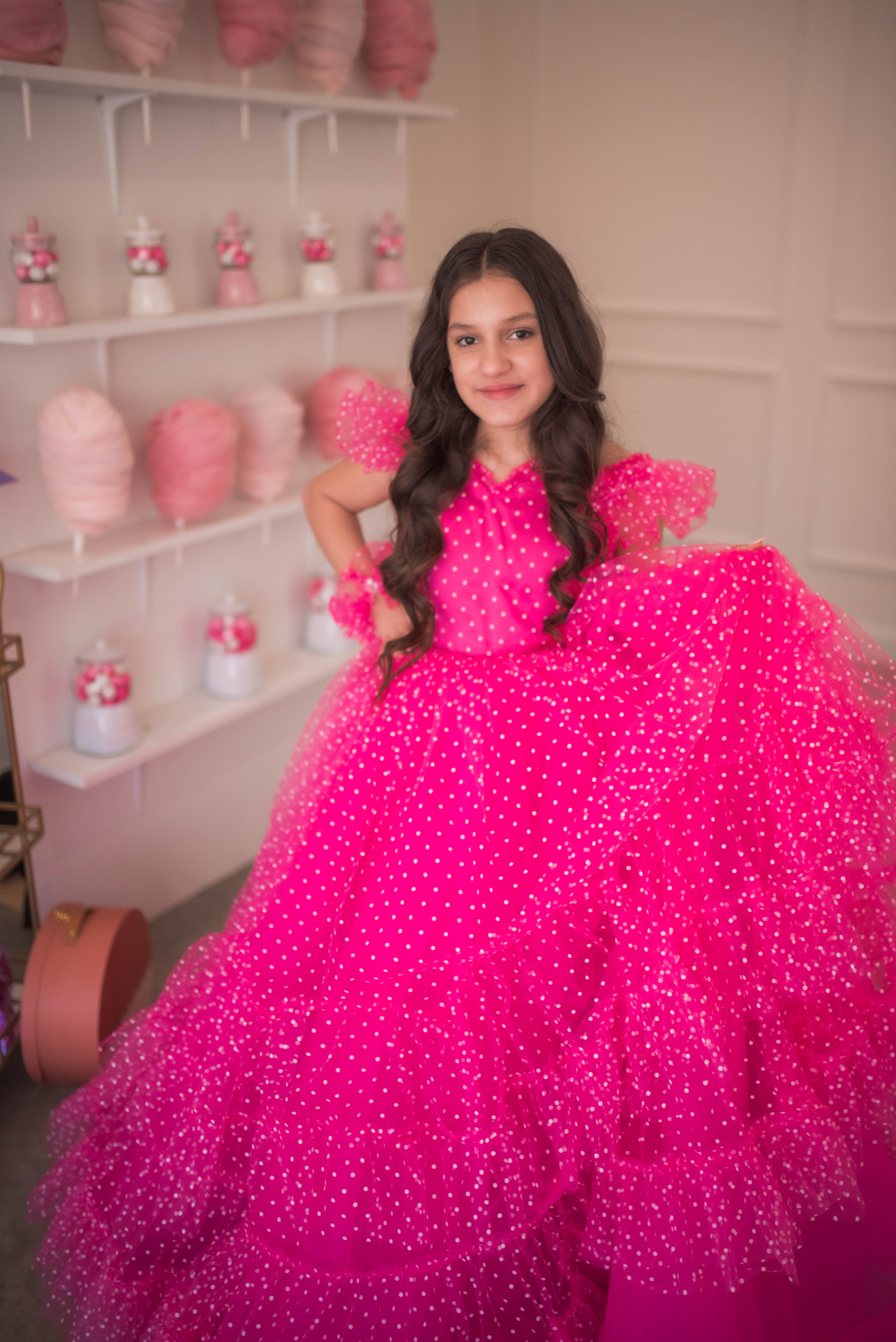 Swish Dots Couture Gown -pink- Floor length dress+Wristlets (8 Year - 9 Year up to a petite 10 year)