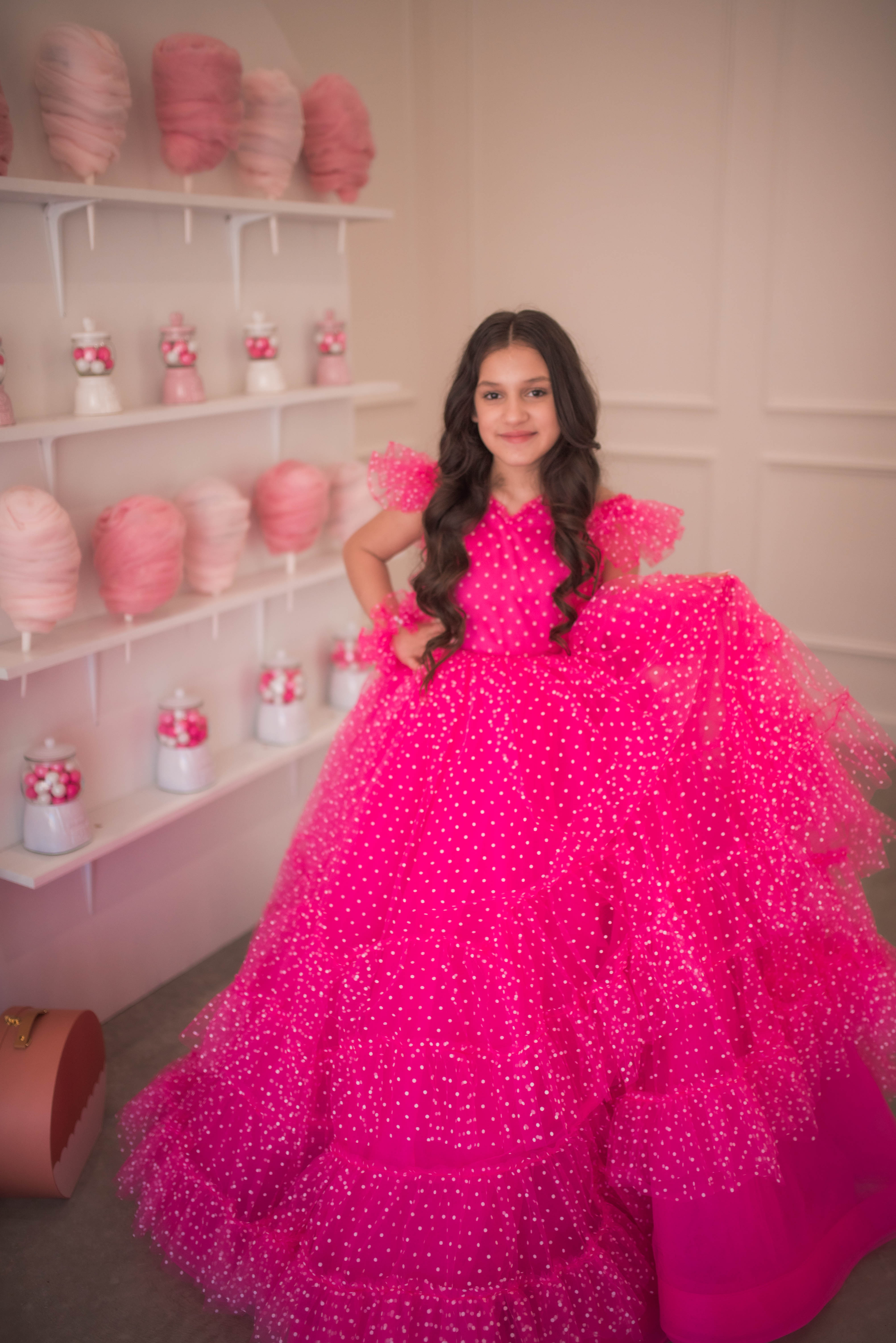 Swish Dots Couture Gown -pink- Floor length dress+Wristlets (8 Year - 9 Year up to a petite 10 year)