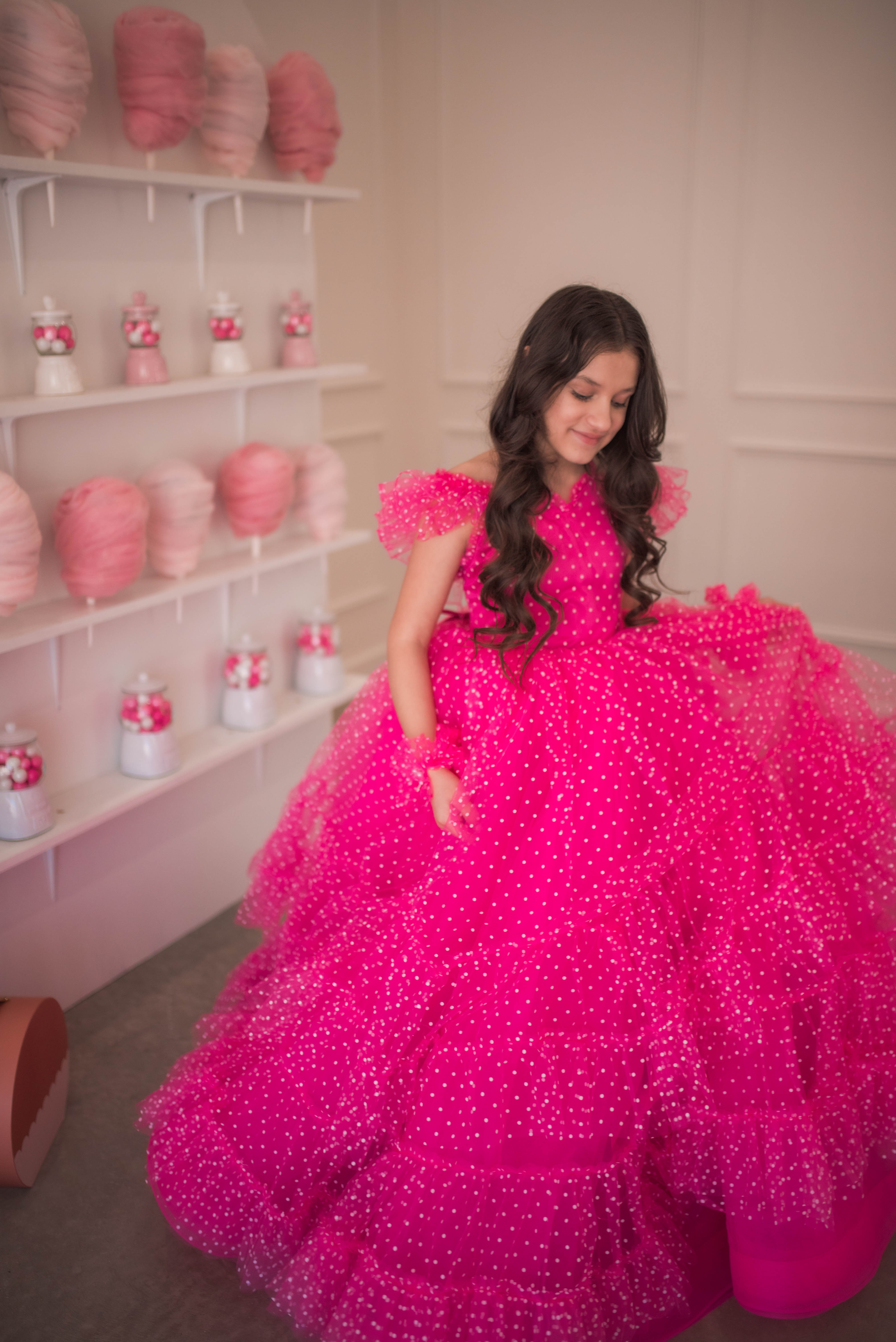 Swish Dots Couture Gown -pink- Floor length dress+Wristlets (8 Year - 9 Year up to a petite 10 year)