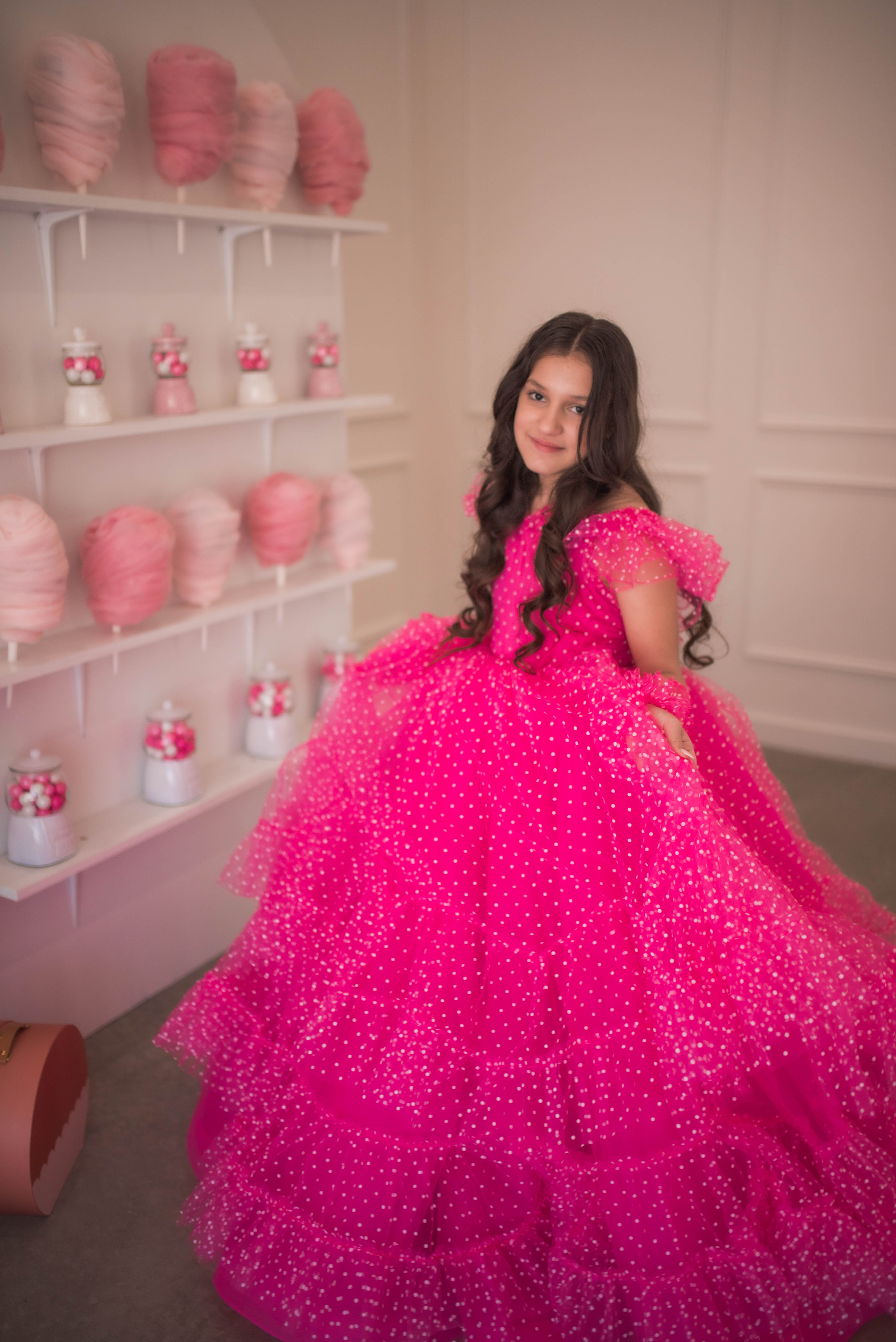 Swish Dots Couture Gown -pink- Floor length dress+Wristlets (8 Year - 9 Year up to a petite 10 year)
