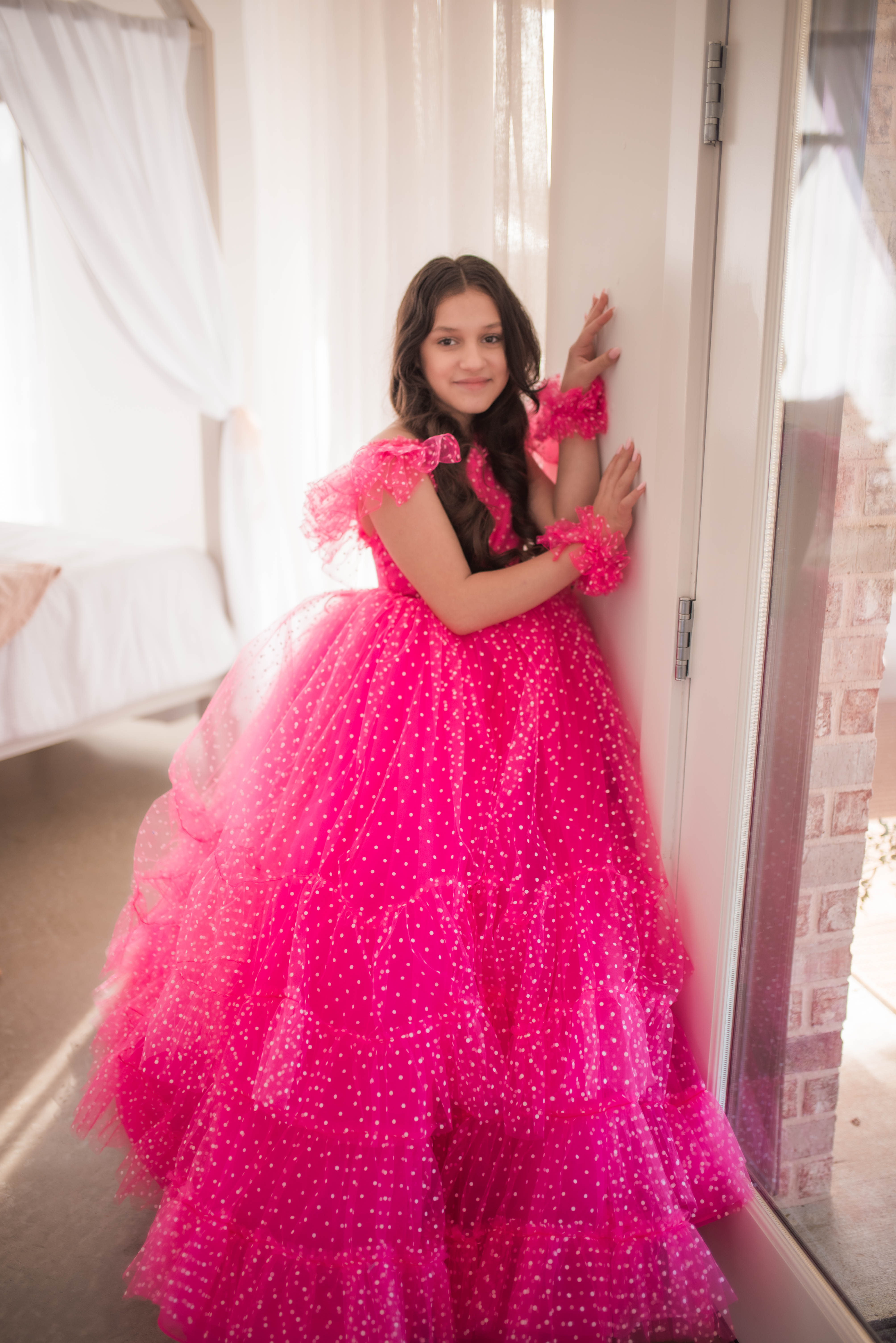 Swish Dots Couture Gown -pink- Floor length dress+Wristlets (8 Year - 9 Year up to a petite 10 year)