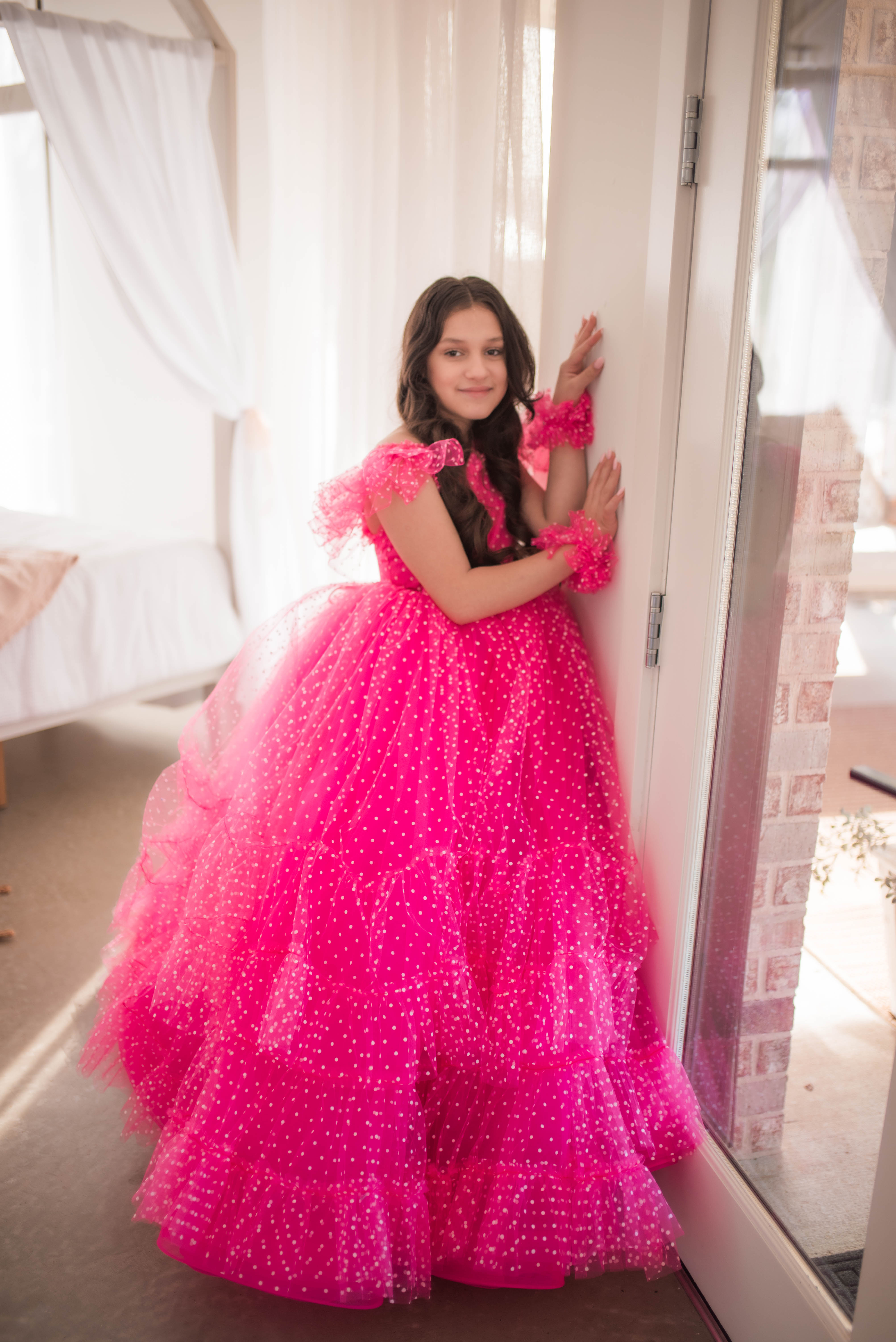 Swish Dots Couture Gown -pink- Floor length dress+Wristlets   (8 Year - 9 Year up to a petite 10 year)
