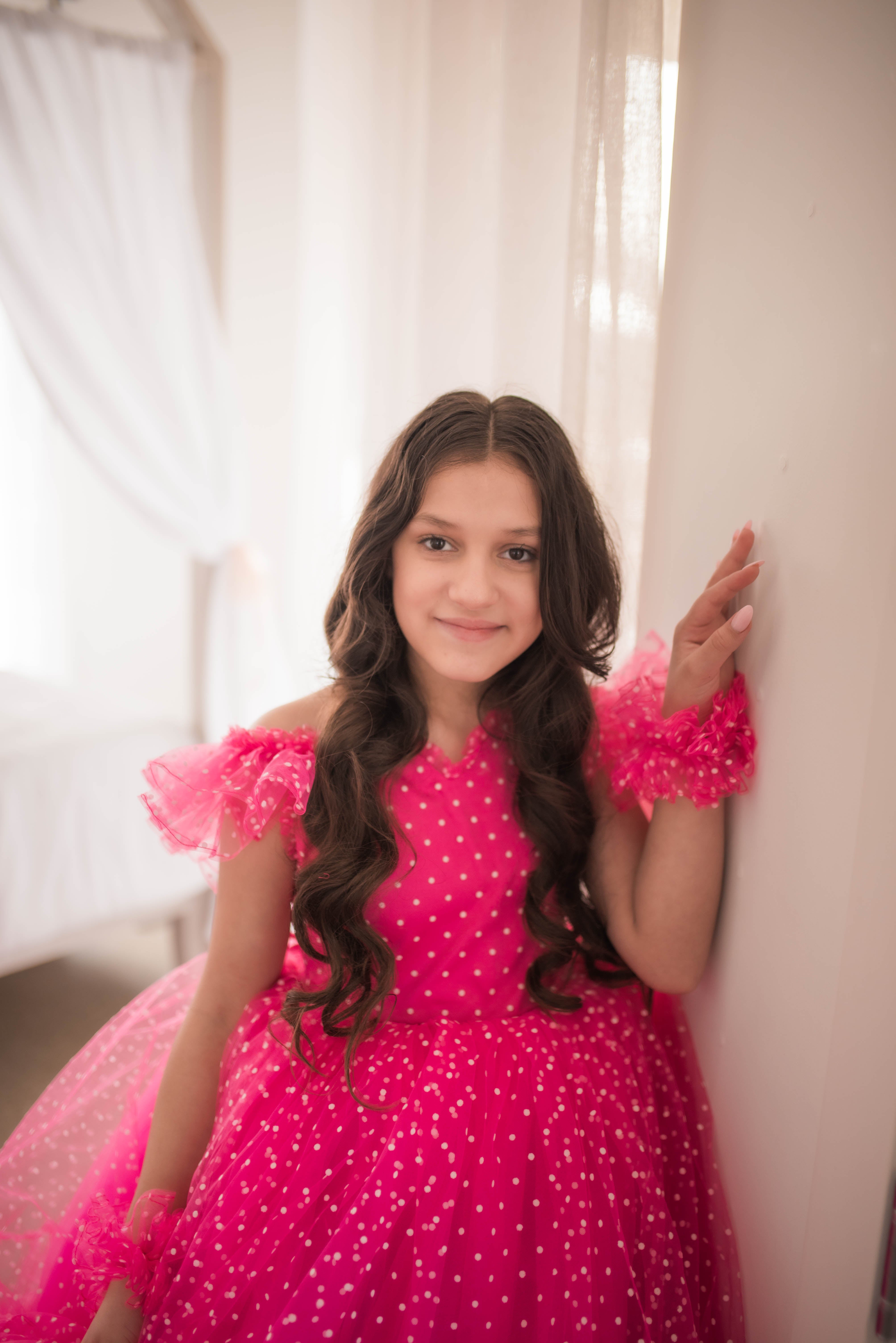 Swish Dots Couture Gown -pink- Floor length dress+Wristlets (8 Year - 9 Year up to a petite 10 year)