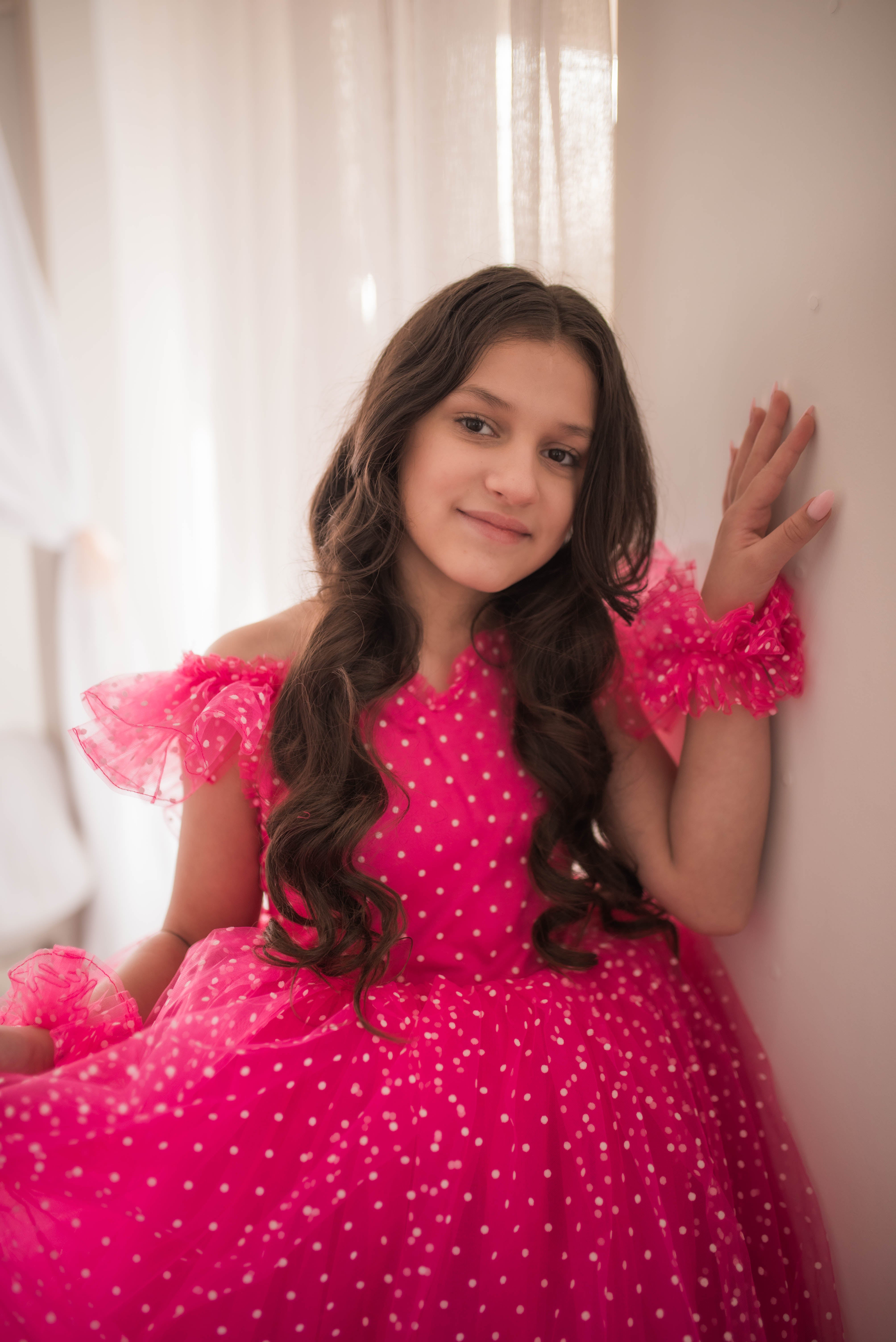 Swish Dots Couture Gown -pink- Floor length dress+Wristlets (8 Year - 9 Year up to a petite 10 year)