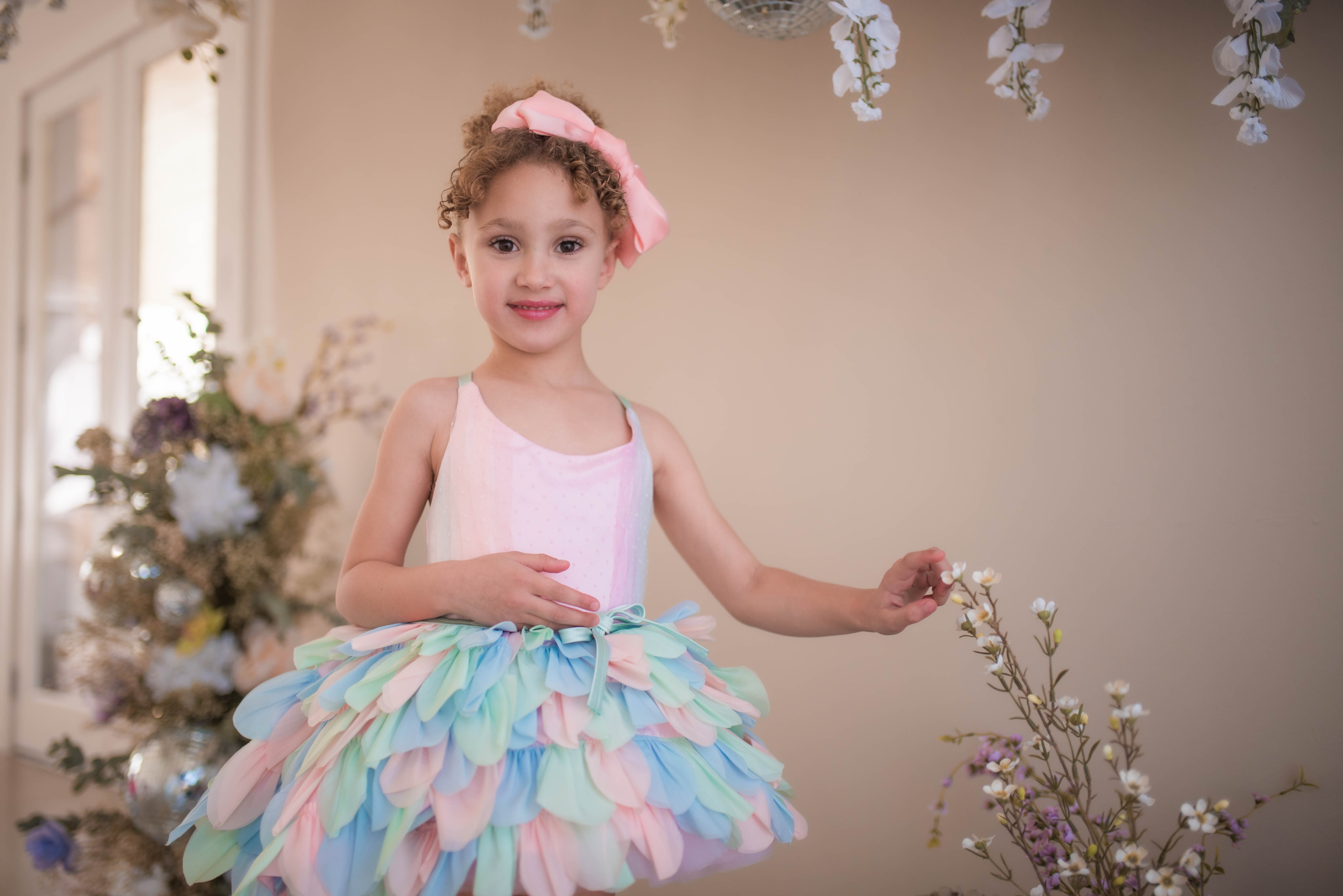 Couture Rental Gown "Petal Whispers" Pastel - Petal Length Dress + Cape ( 2 Year - Petite 4 Year)