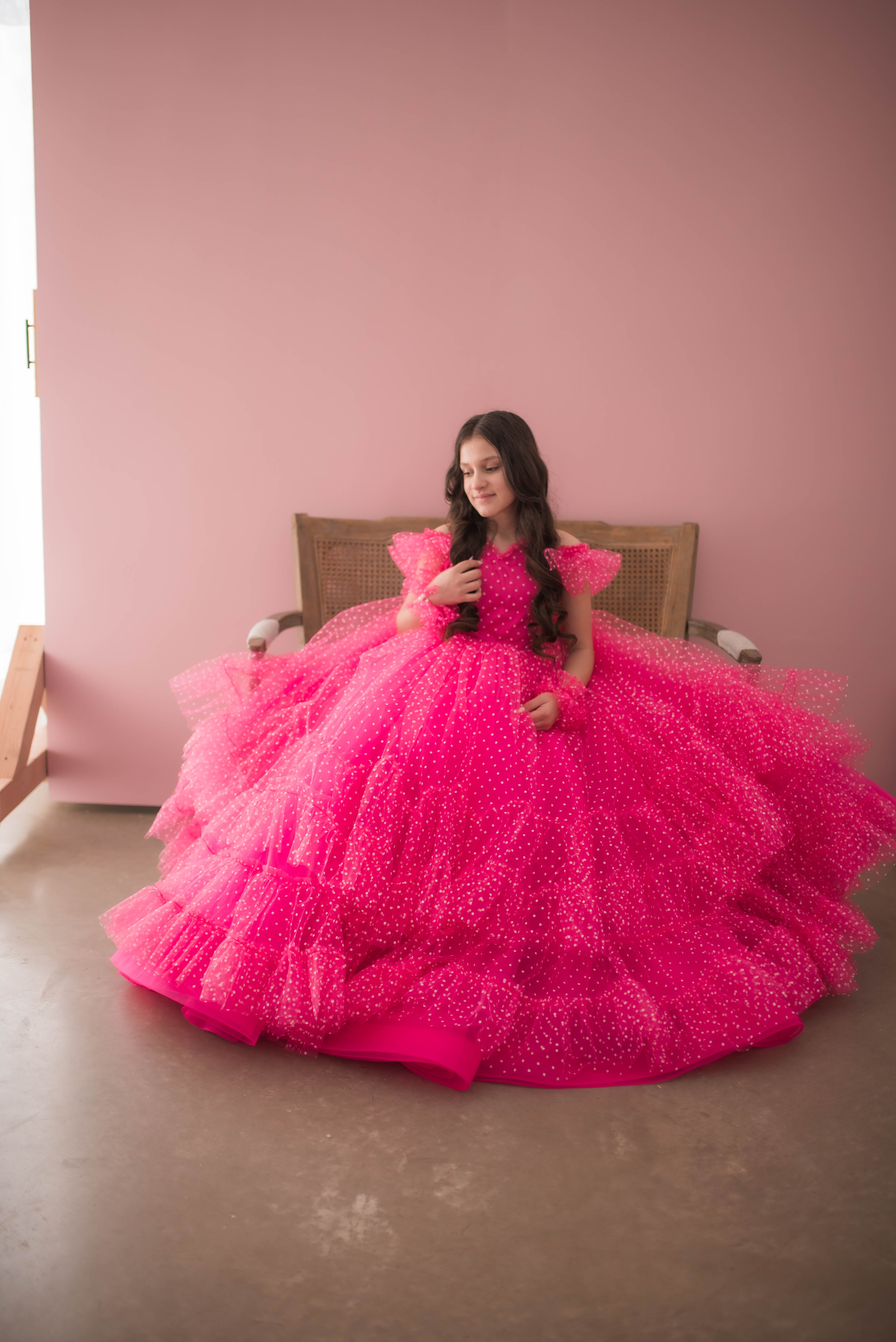 Swish Dots Couture Gown -pink- Floor length dress+Wristlets (8 Year - 9 Year up to a petite 10 year)