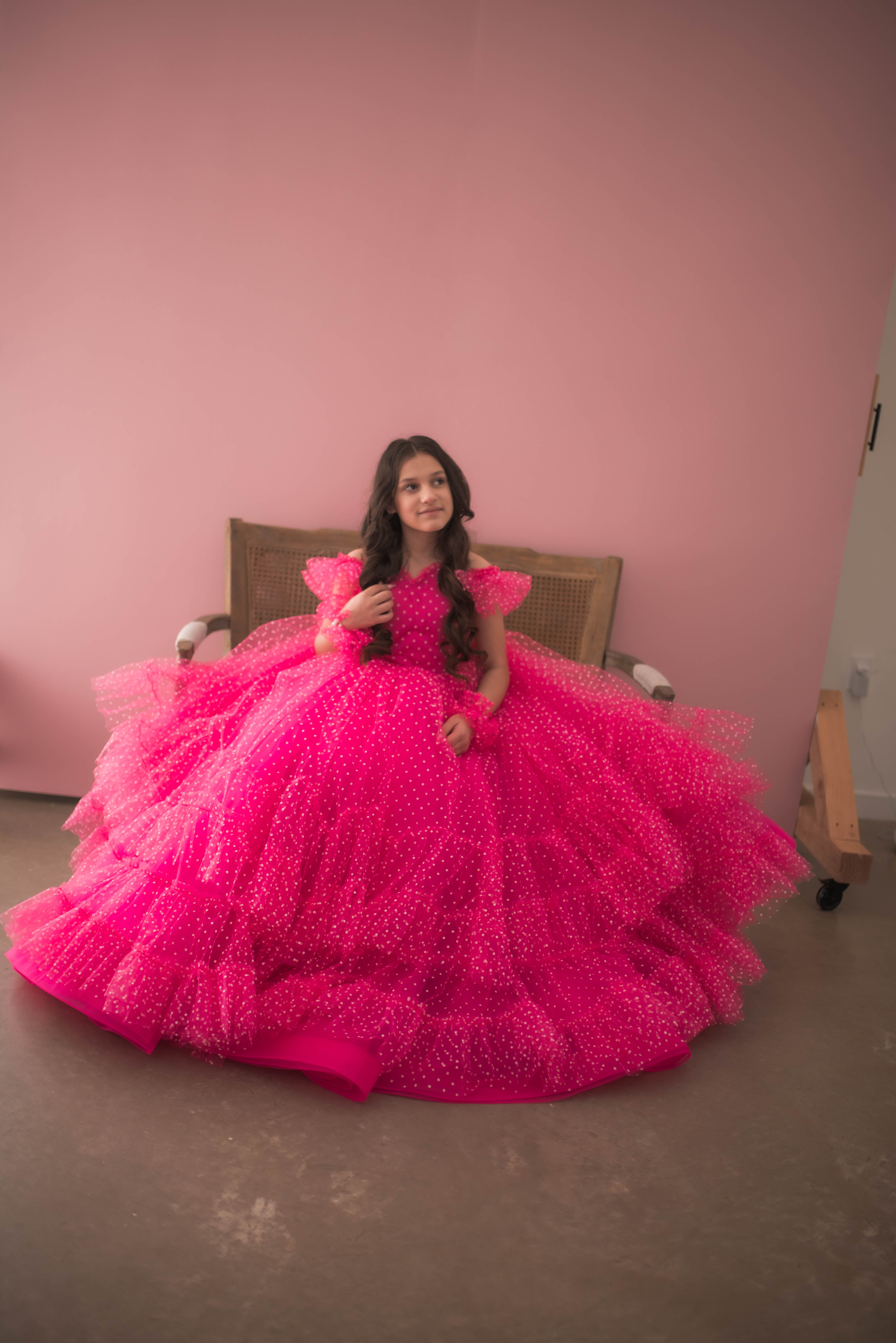 Swish Dots Couture Gown -pink- Floor length dress+Wristlets (8 Year - 9 Year up to a petite 10 year)