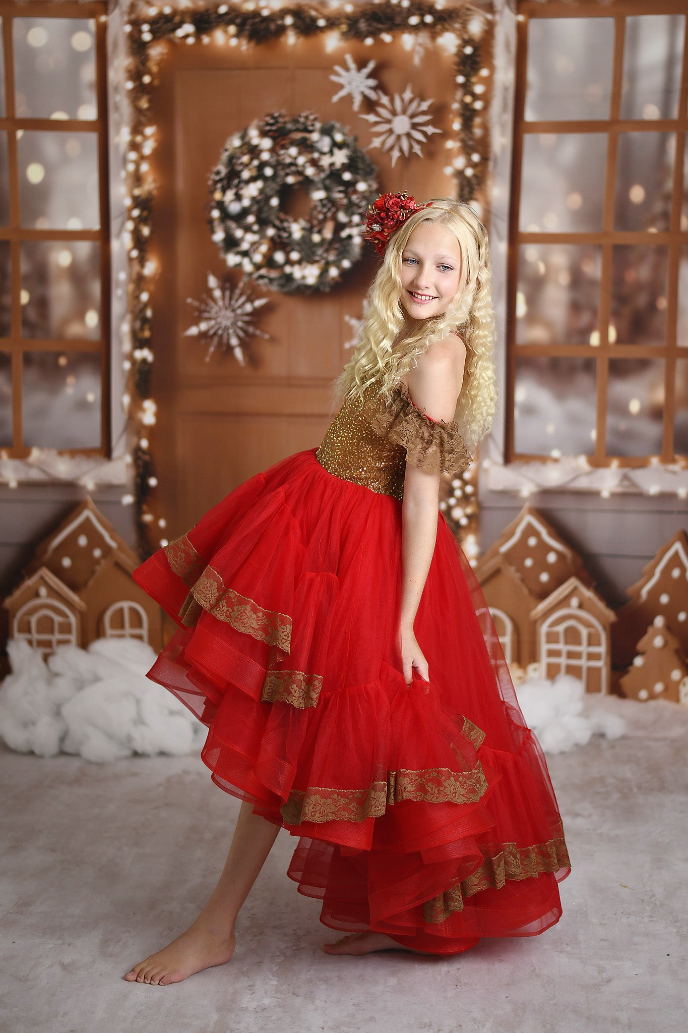 red and gold high low dress V-Neck Long Jersey Prom Dress with Empire Waist Red / Medium main image 1