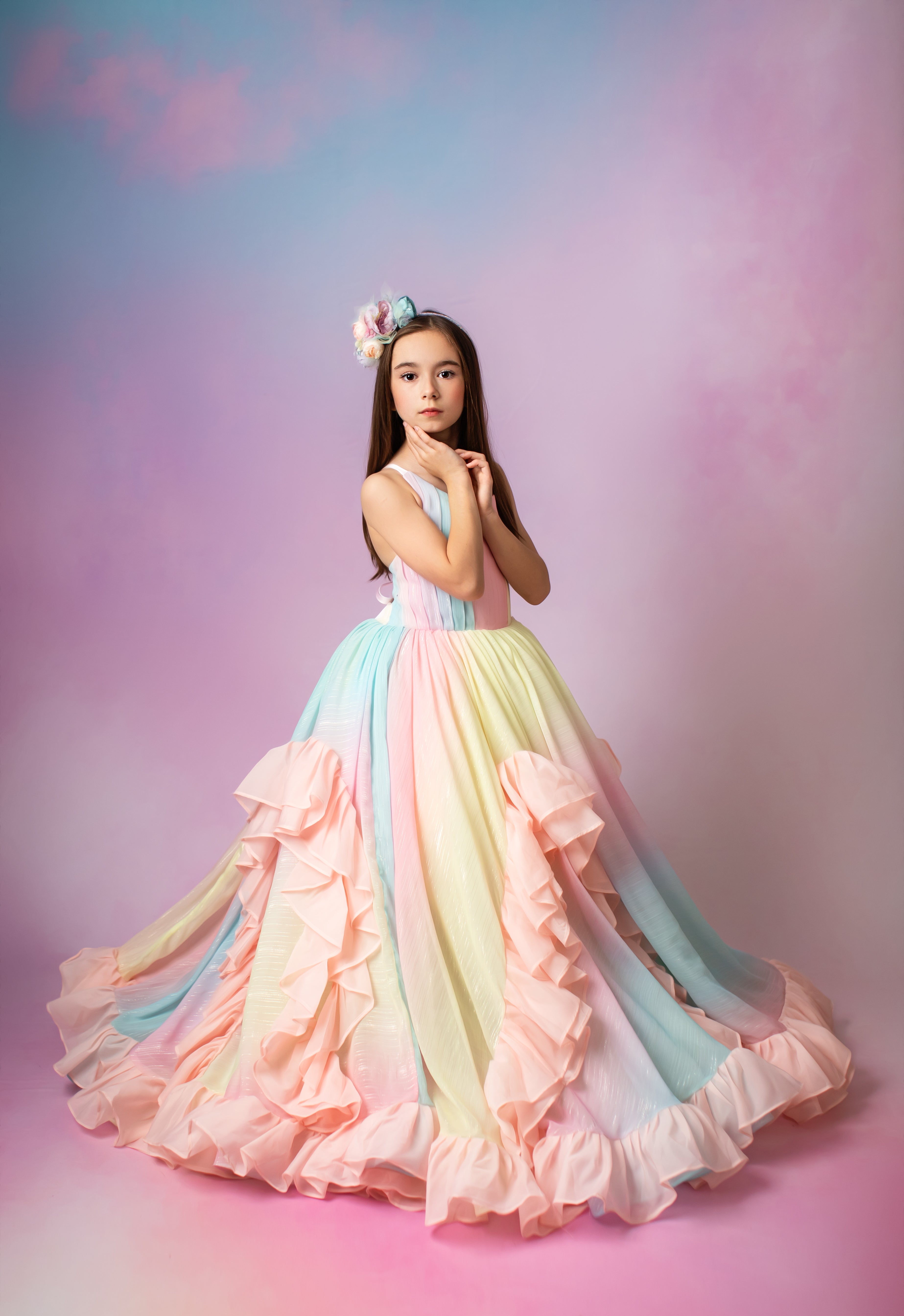 Couture Rental Gown "Petal Whispers" Pastel - Floor Length Dress NO petals ( 6 Year - Petite 8 Year)