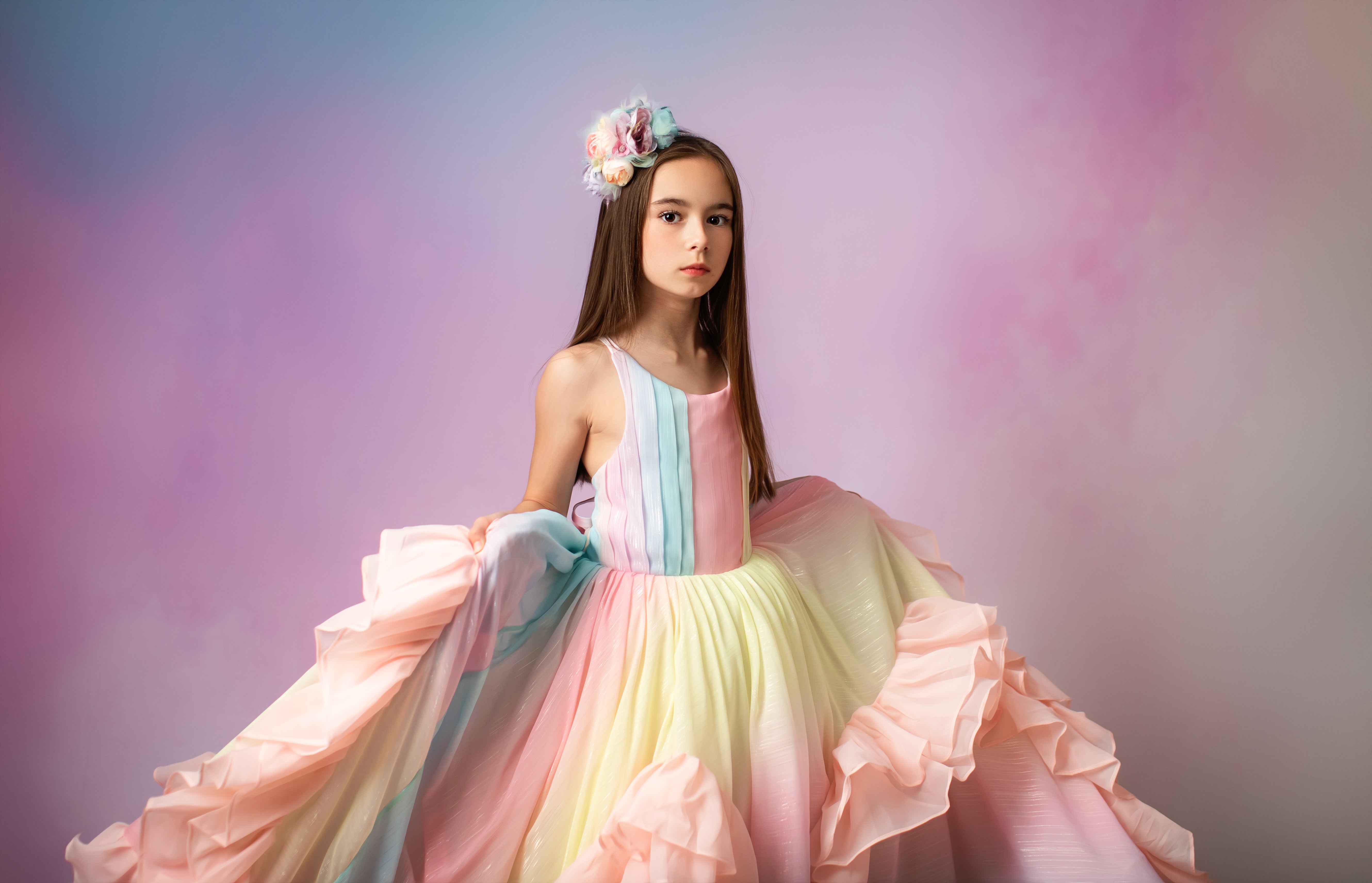 Couture Rental Gown "Petal Whispers" Pastel - Floor Length Dress NO petals ( 6 Year - Petite 8 Year)