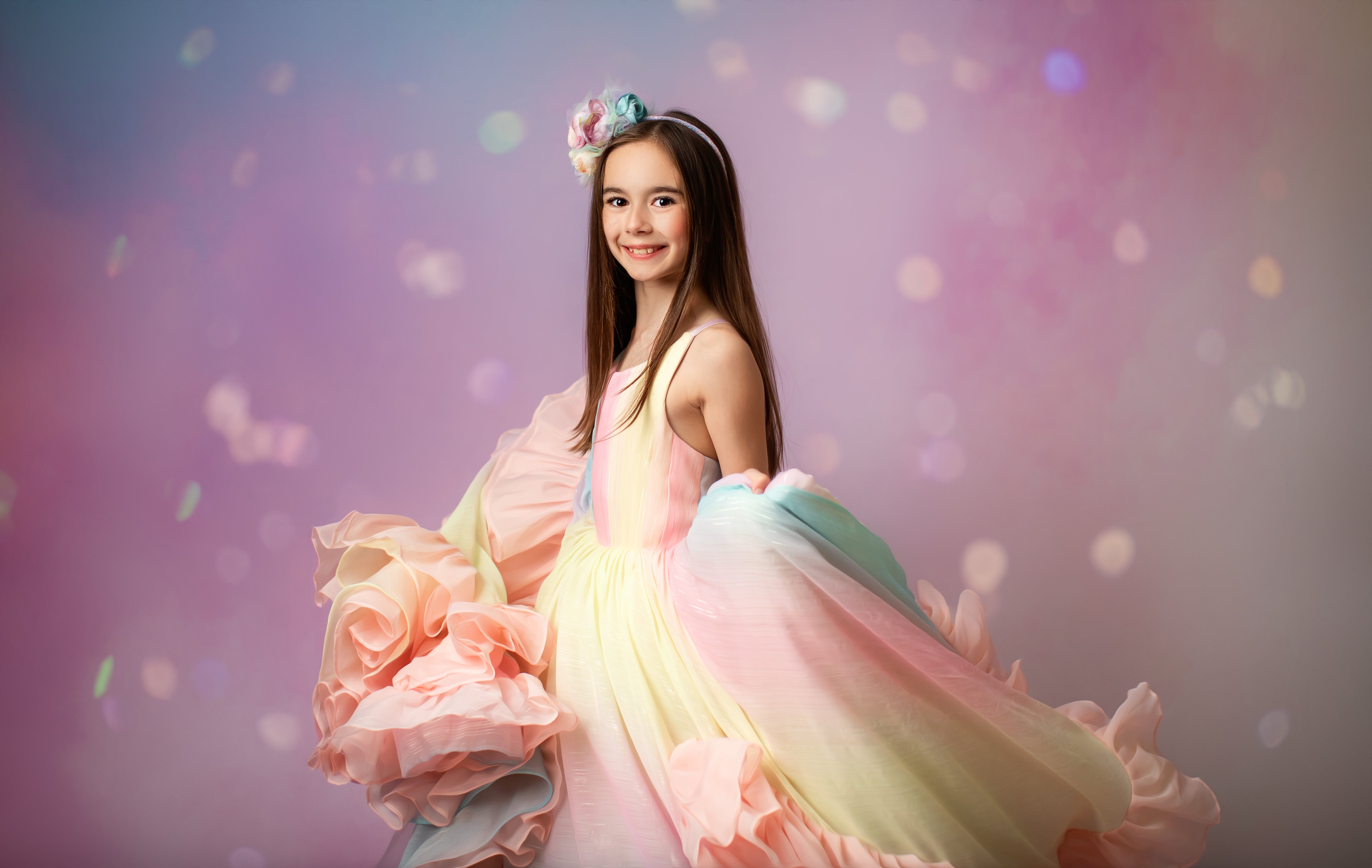 Couture Rental Gown "Petal Whispers" Pastel - Floor Length Dress NO petals ( 6 Year - Petite 8 Year)