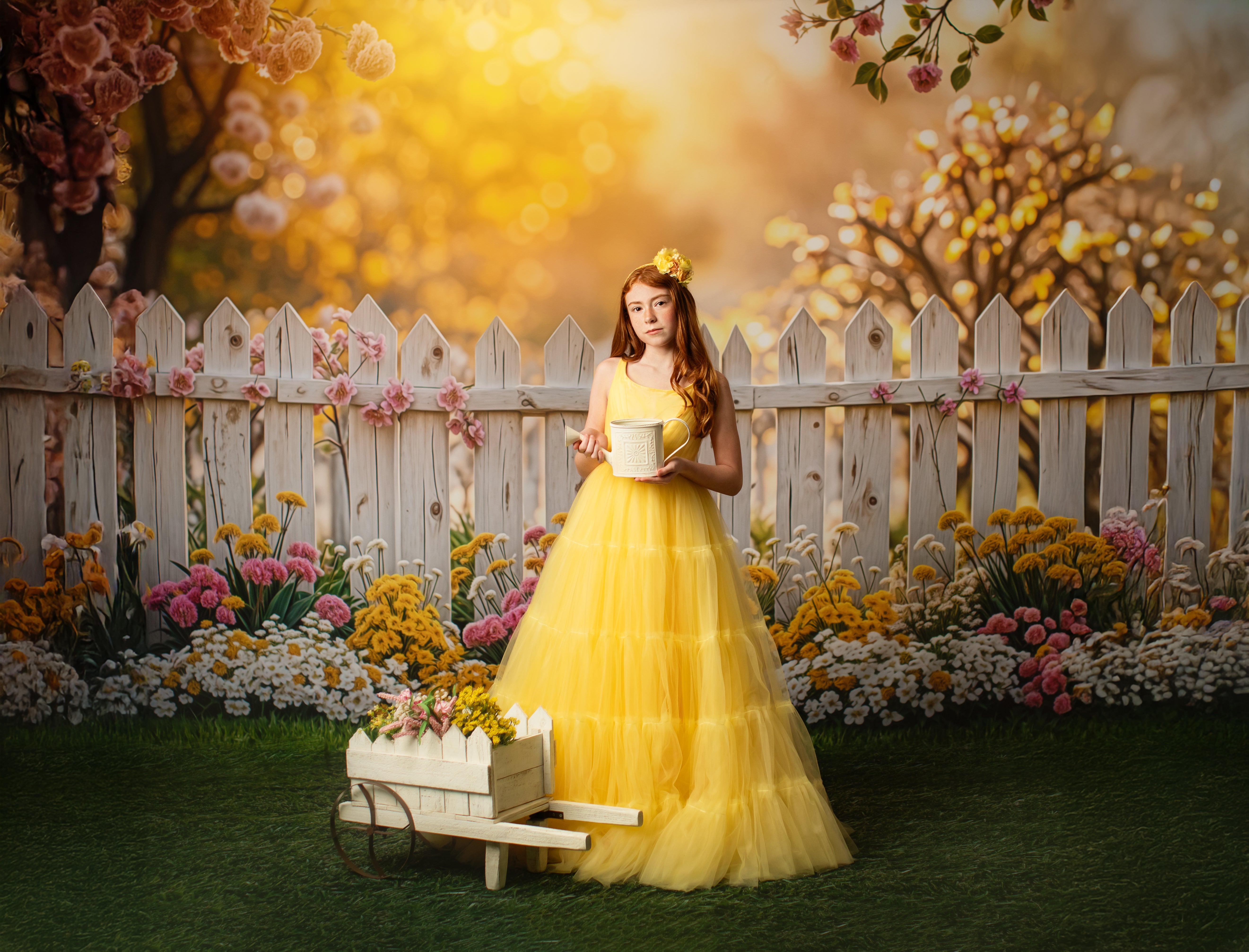 Ethereal beauty – Soft layers of tulle dance in the wind as a young girl holds her gown, framed by a romantic, glowing scene.