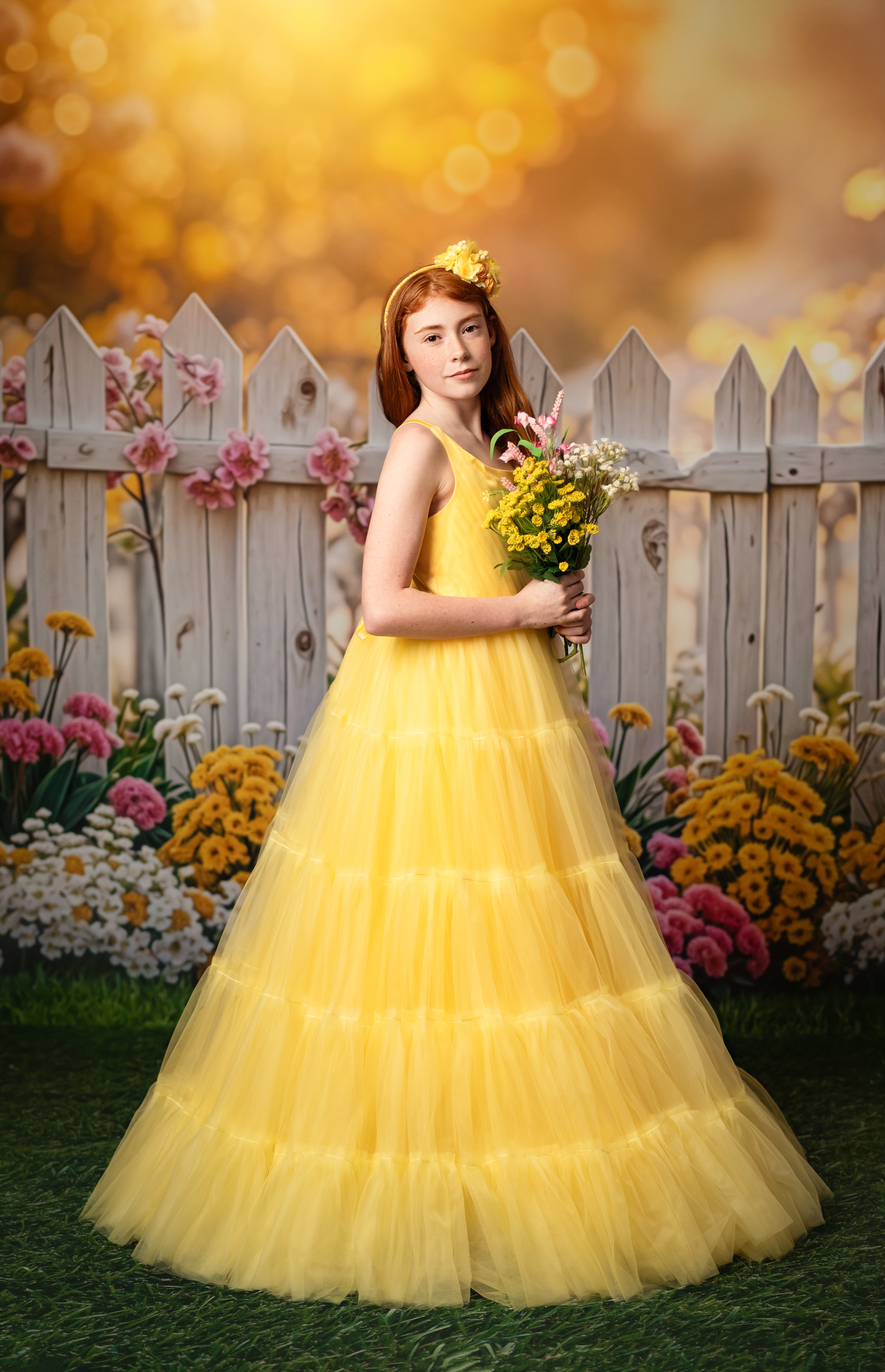 A golden dream – A young girl in a flowing yellow gown poses gracefully in front of a rustic white picket fence, bathed in warm golden light.