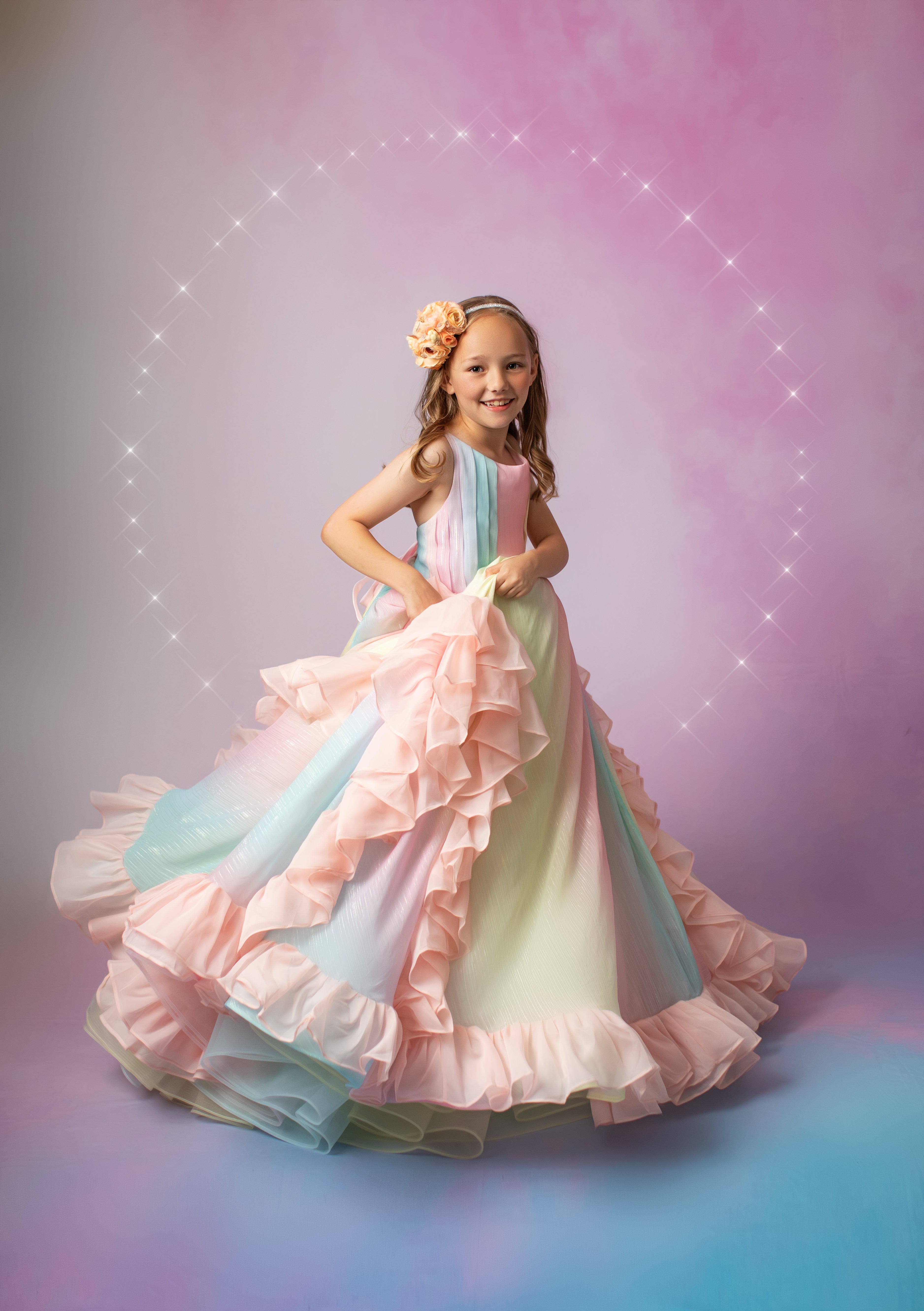 Couture Rental Gown "Petal Whispers" Pastel - Floor Length Dress NO petals ( 6 Year - Petite 8 Year)