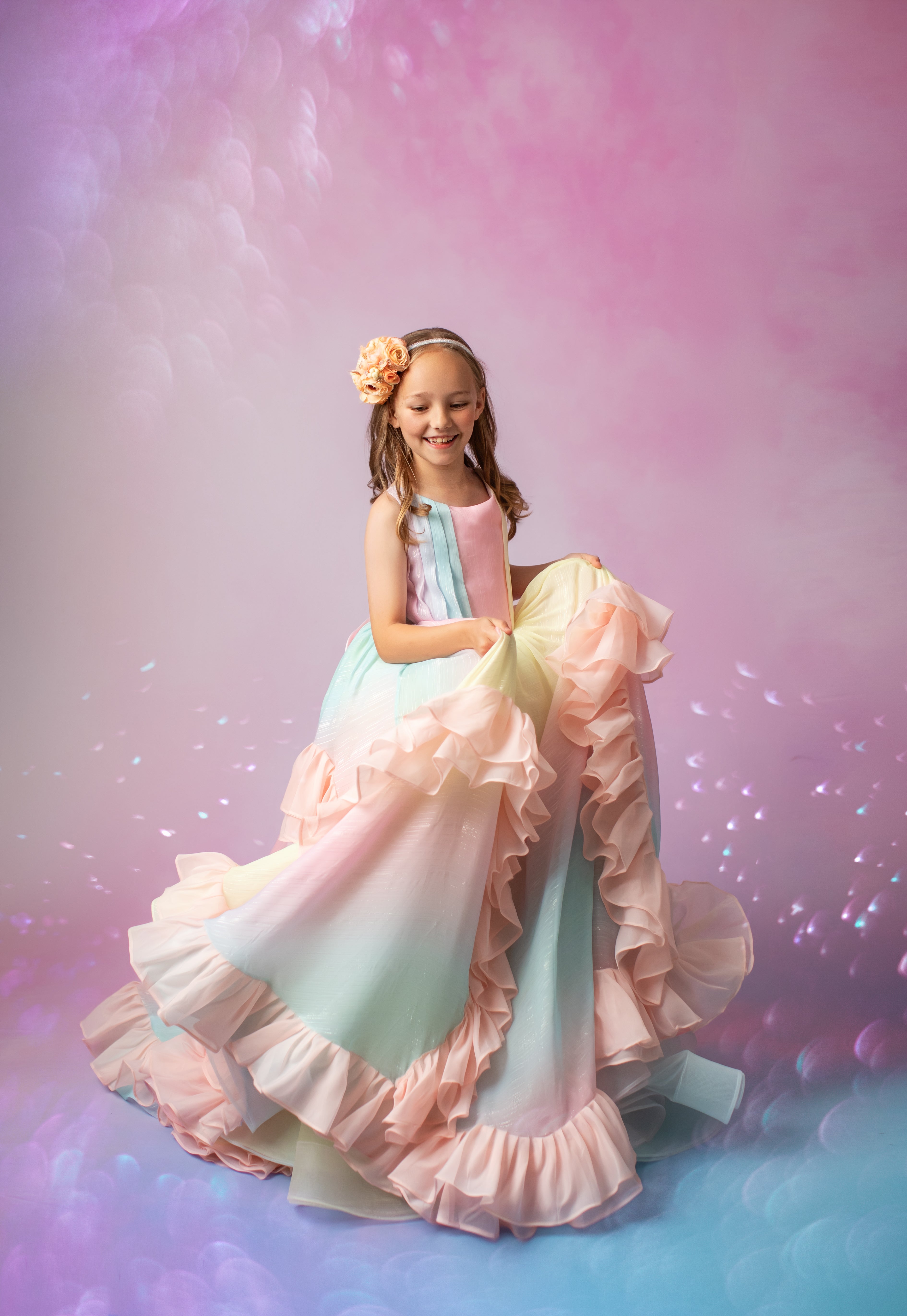 Couture Rental Gown "Petal Whispers" Pastel - Floor Length Dress NO petals ( 6 Year - Petite 8 Year)