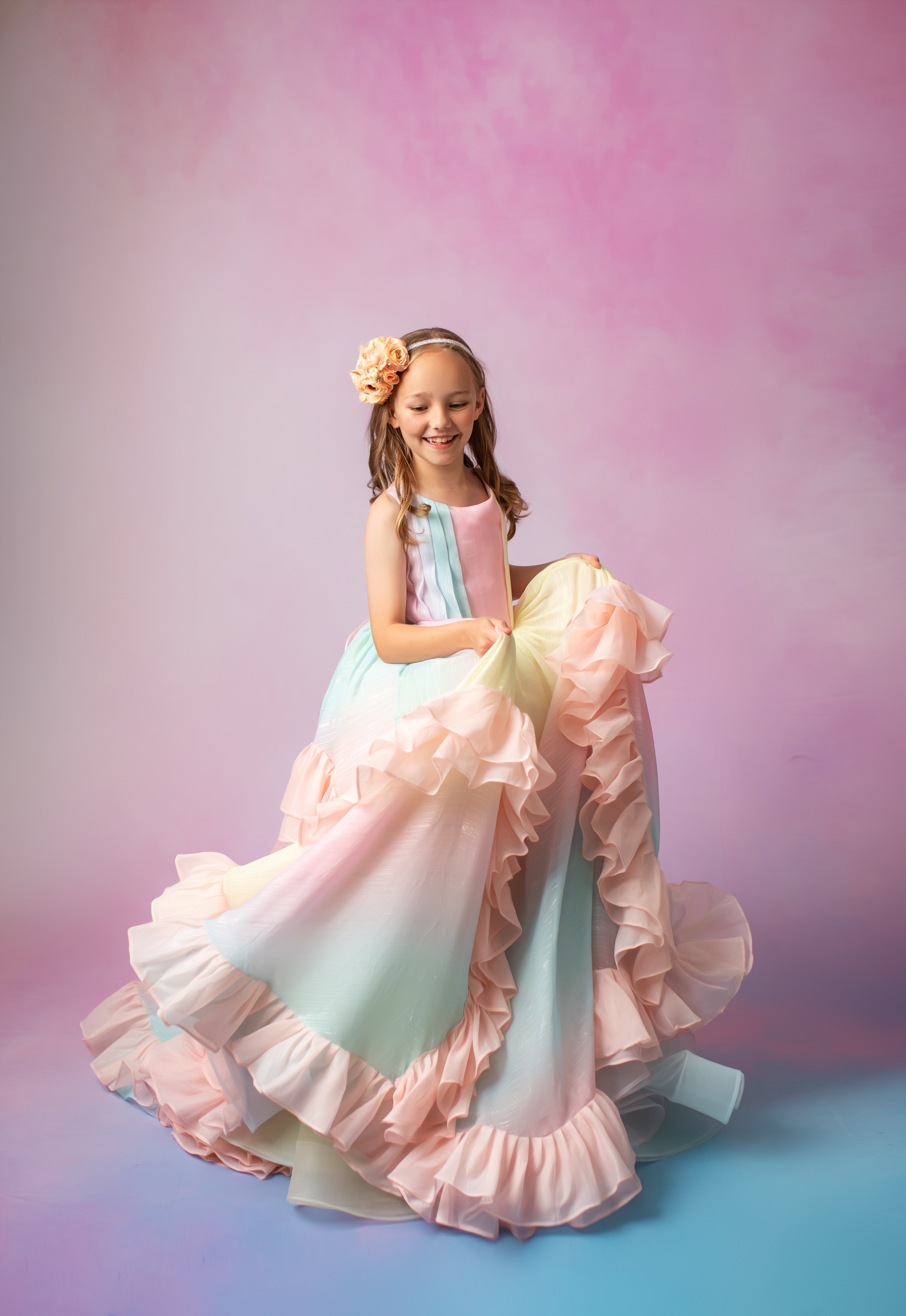 Couture Rental Gown "Petal Whispers" Pastel - Floor Length Dress NO petals ( 6 Year - Petite 8 Year)