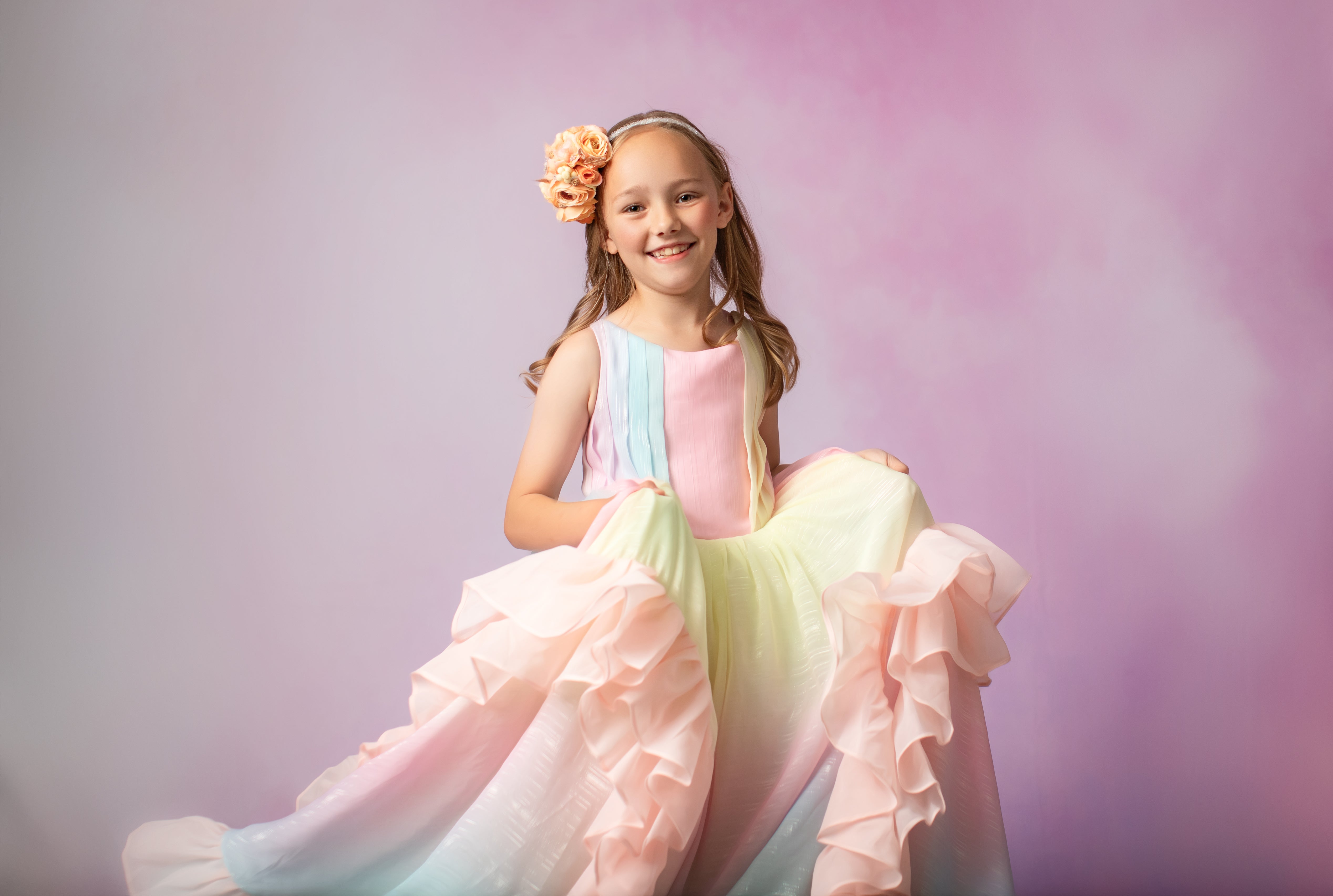 Couture Rental Gown "Petal Whispers" Pastel - Floor Length Dress NO petals ( 6 Year - Petite 8 Year)