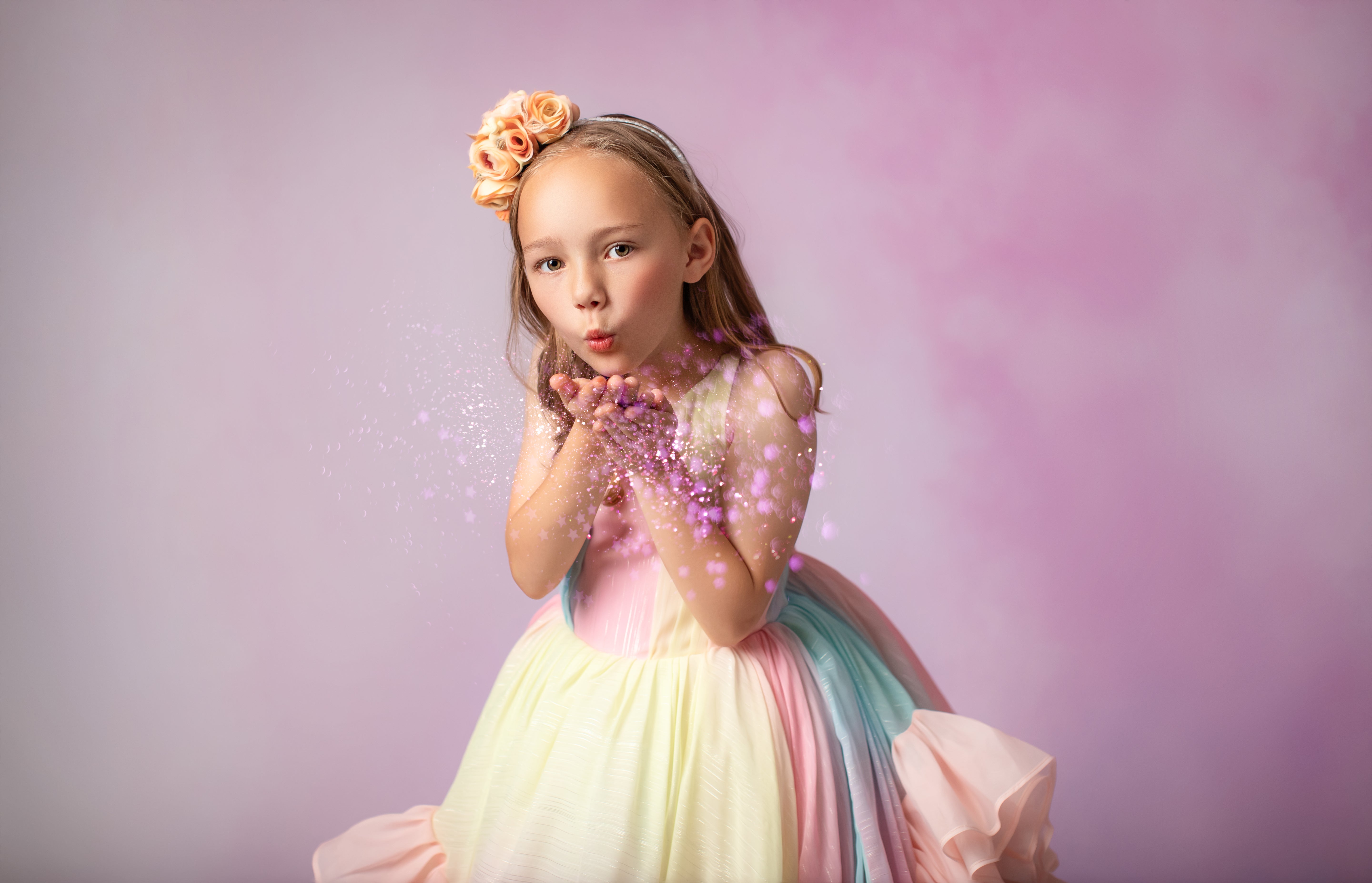 Couture Rental Gown "Petal Whispers" Pastel - Floor Length Dress NO petals ( 6 Year - Petite 8 Year)