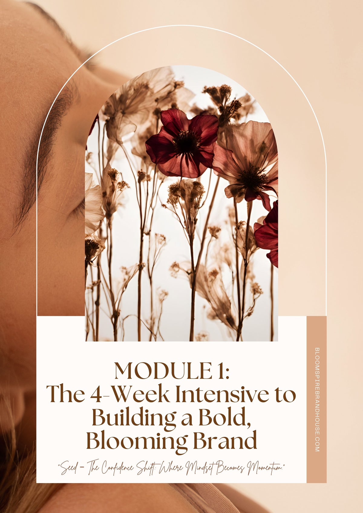 Floral design with text overlay on a beige background