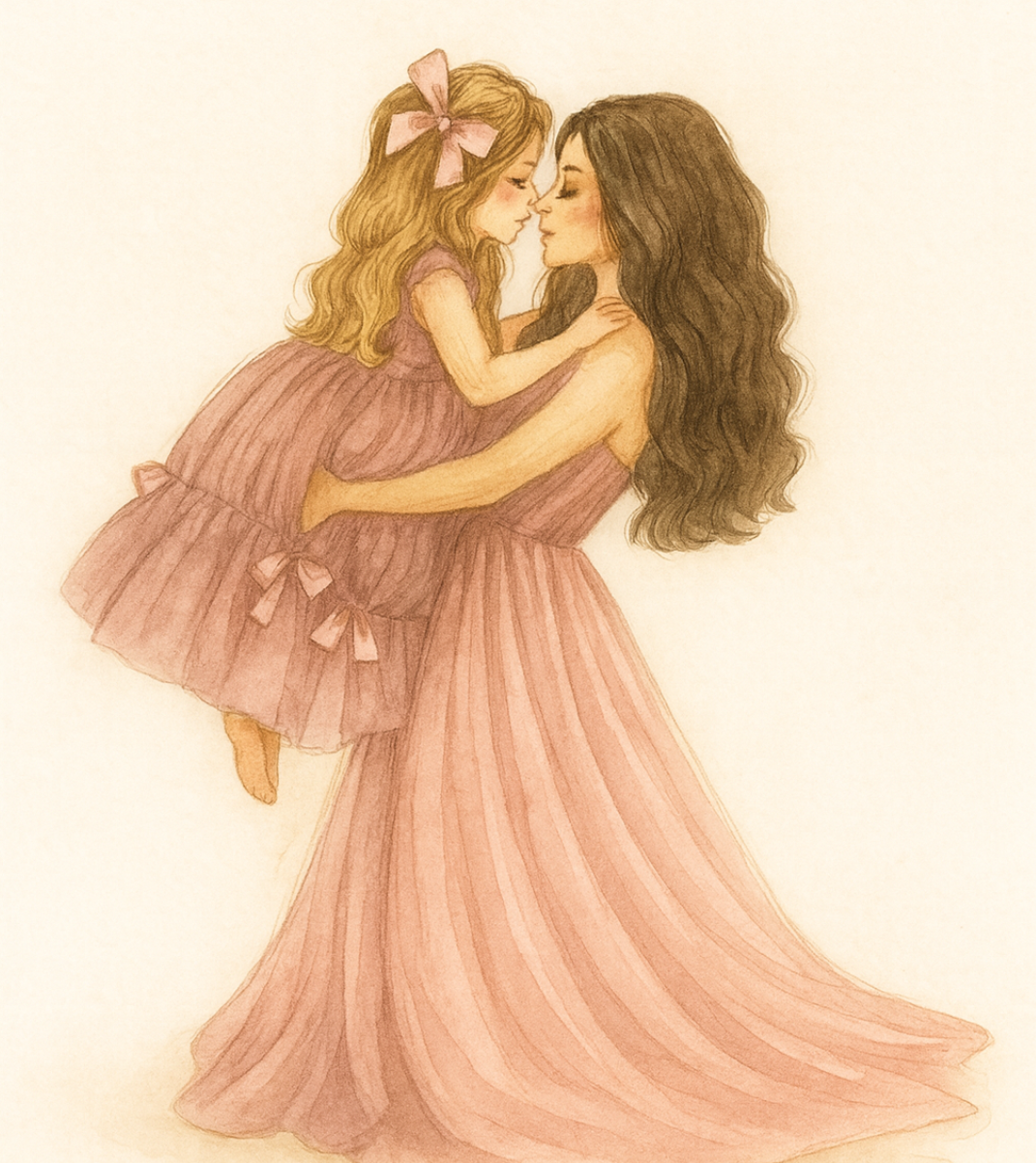 Illustration of a woman and a child embracing, both wearing pink dresses.