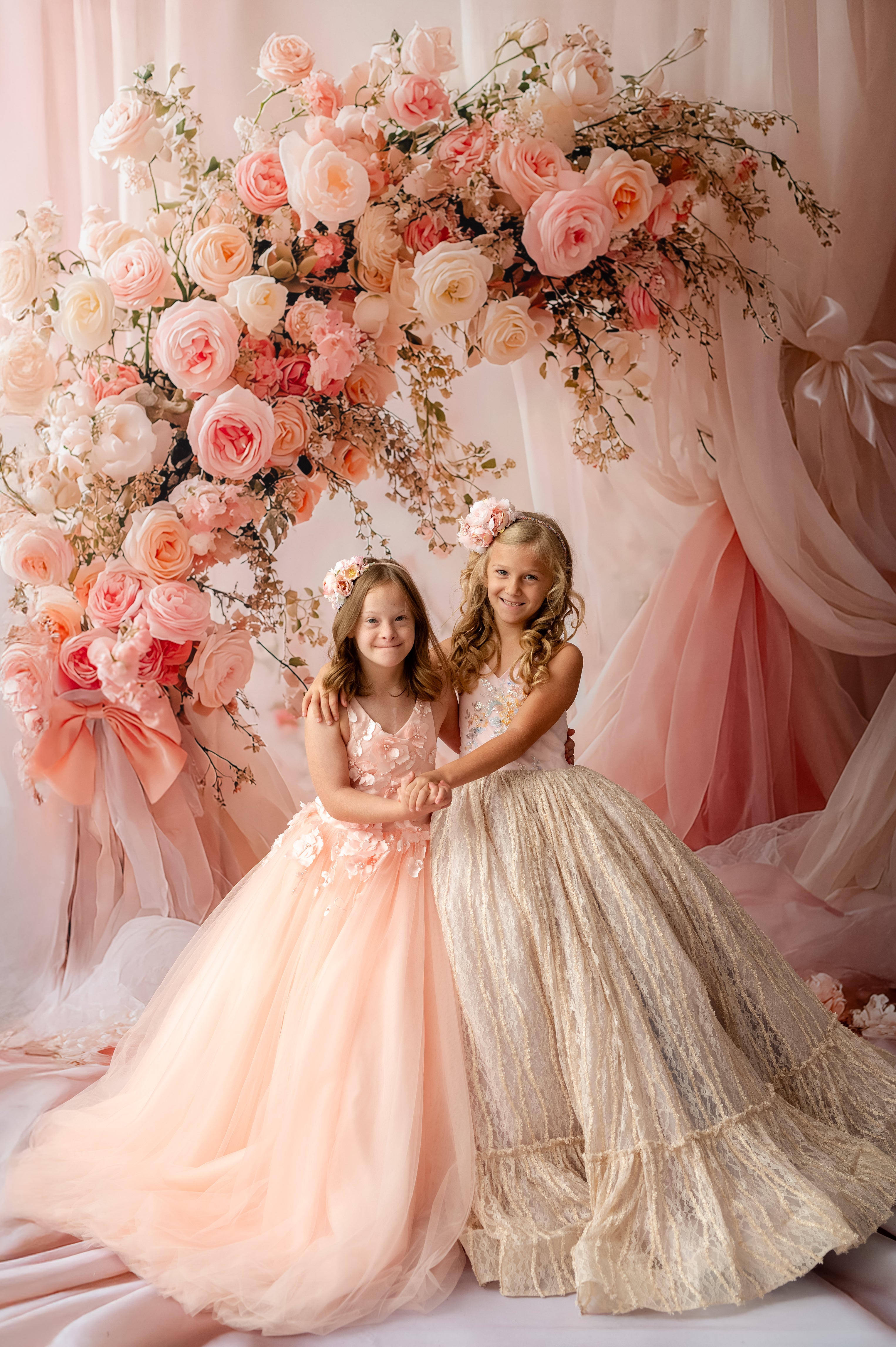 "Children’s luxury photography gown with floral embroidered bodice and full lace skirt"