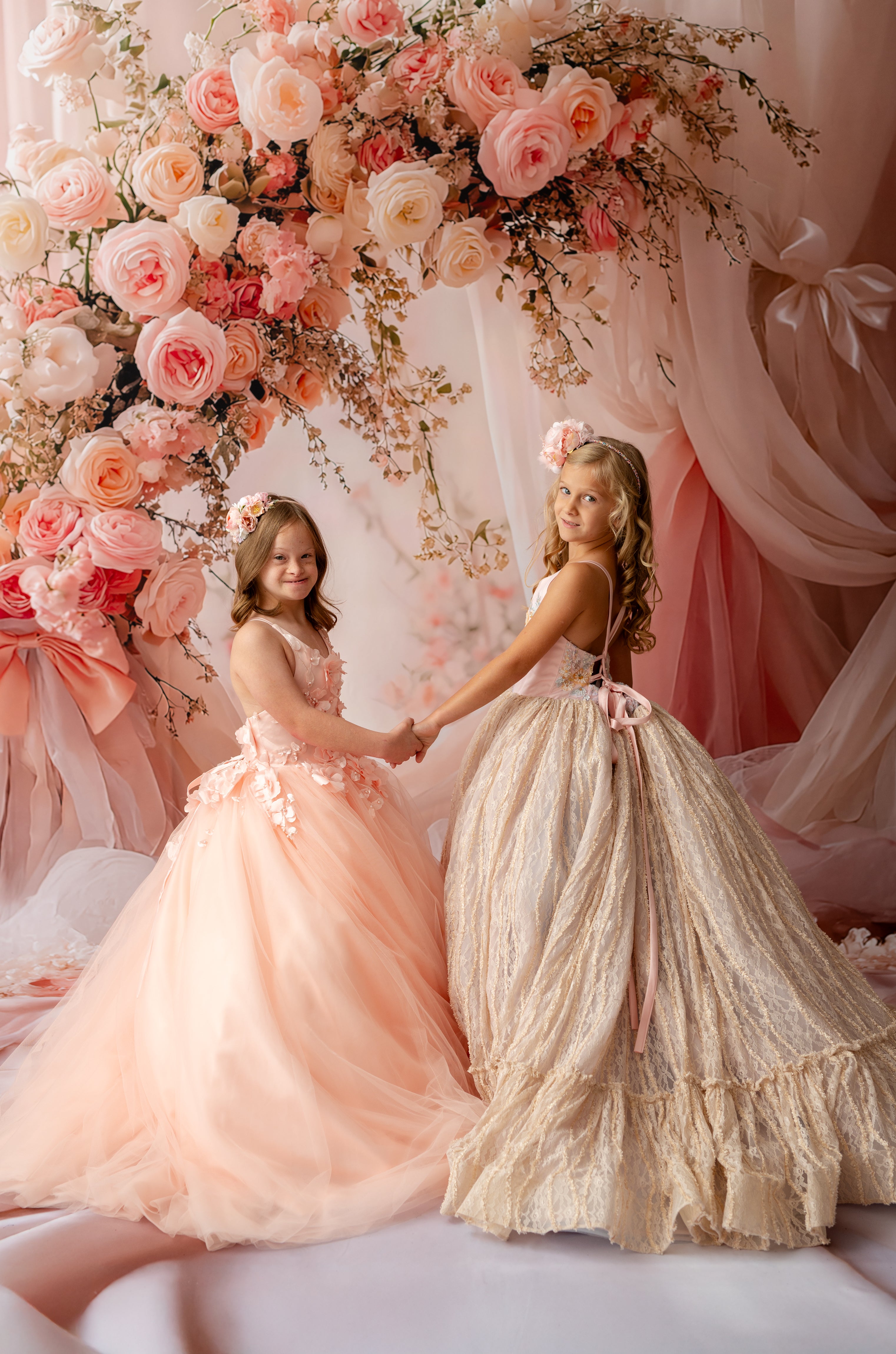 "Fairytale-inspired blush and gold gown for styled children’s photography"