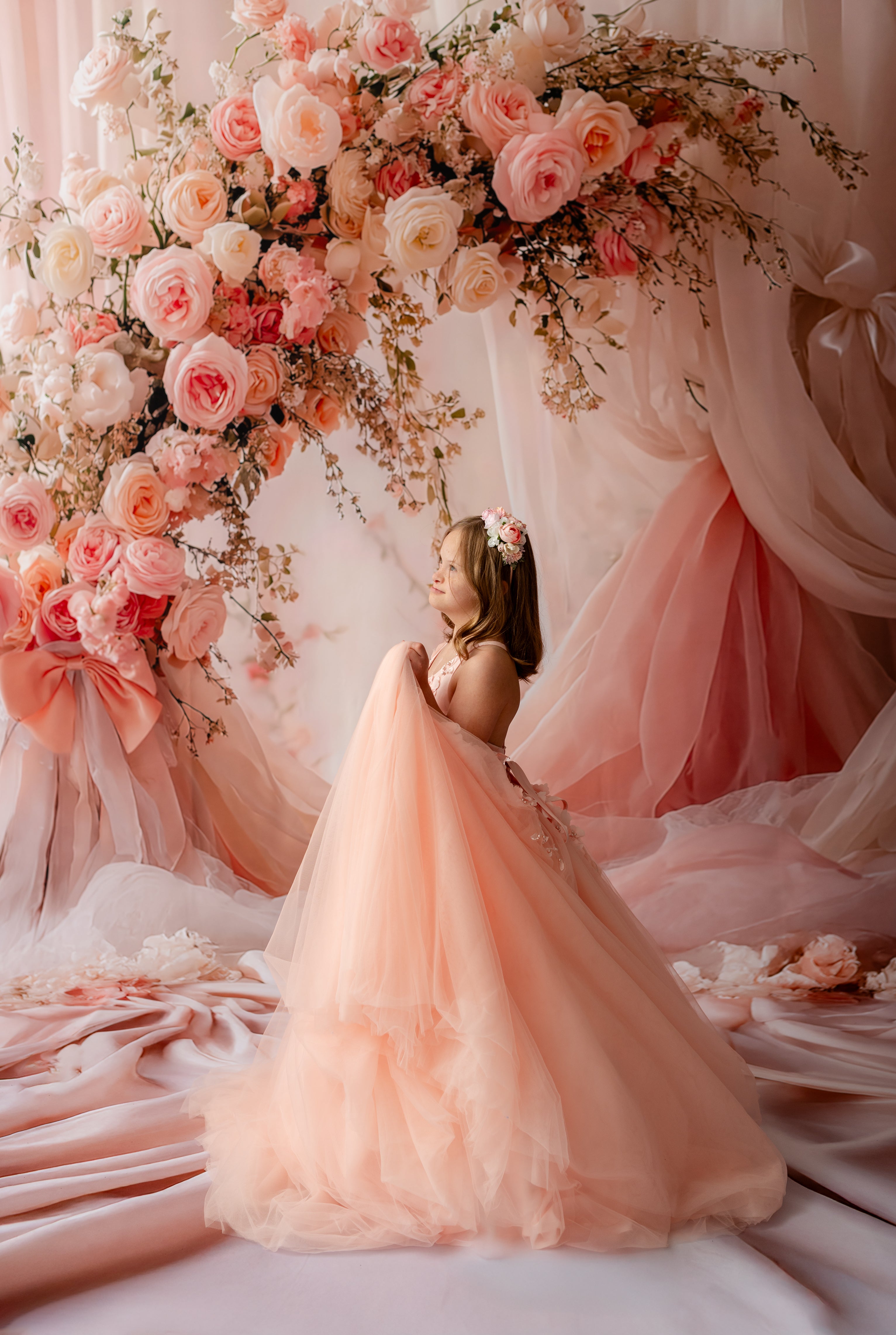"Peach Blossom Whisper couture dress – luxury floor-length gown for girls"