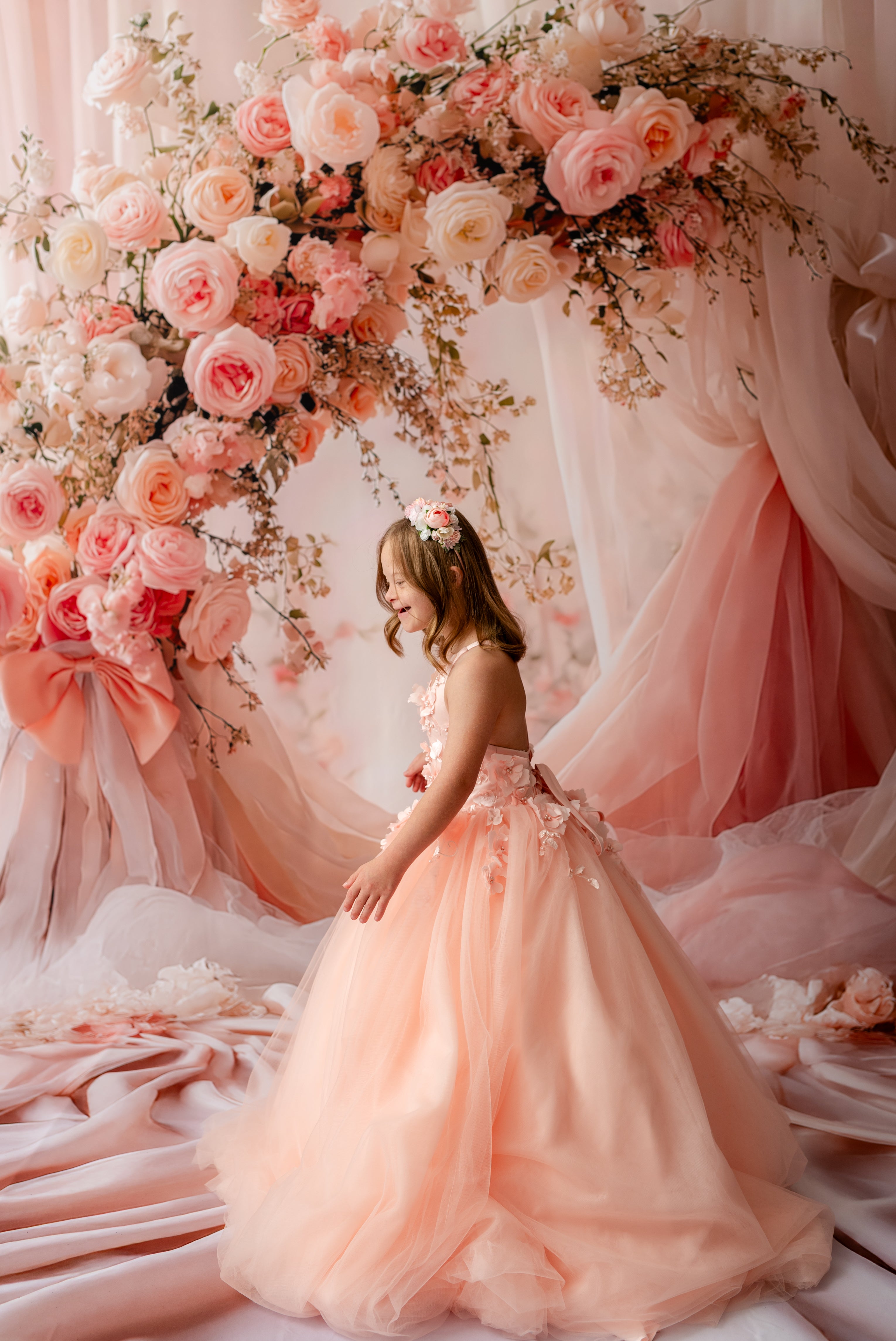 "Fairytale couture gown in peach blush for girls – perfect for weddings and photography"