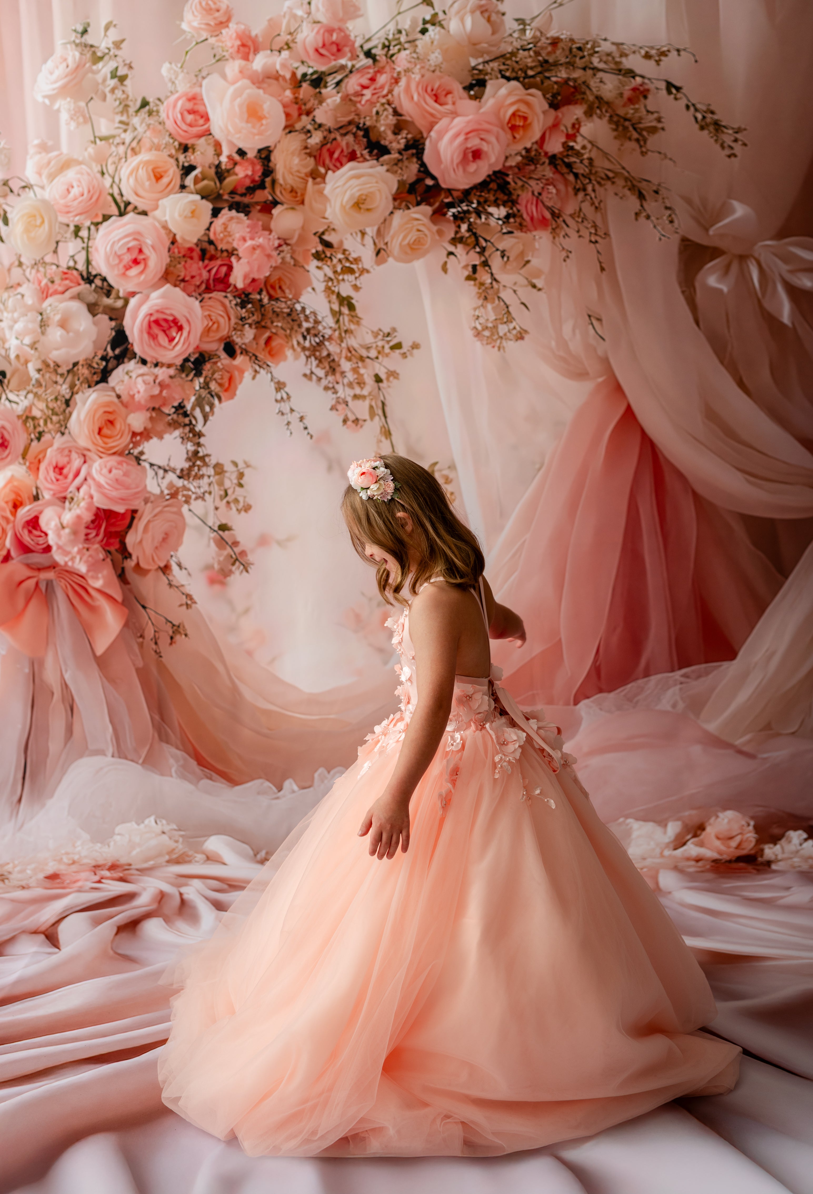 "Whispering Petals" Floor-Length Dress + Detachable Sleeves (5 Year - Petite 6 Year)