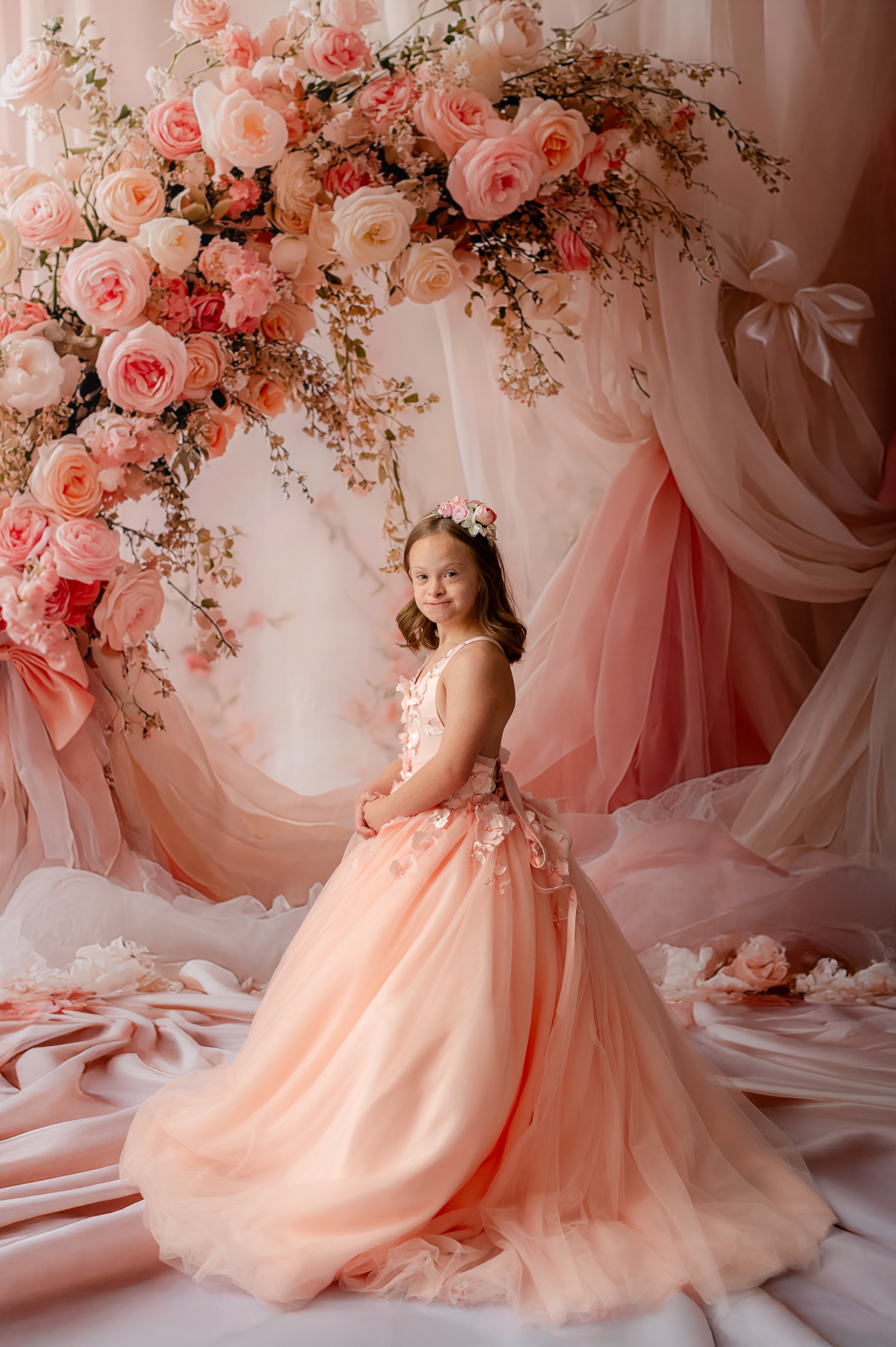 "Peach blush luxury photography gown for birthdays, weddings, and styled shoots"
