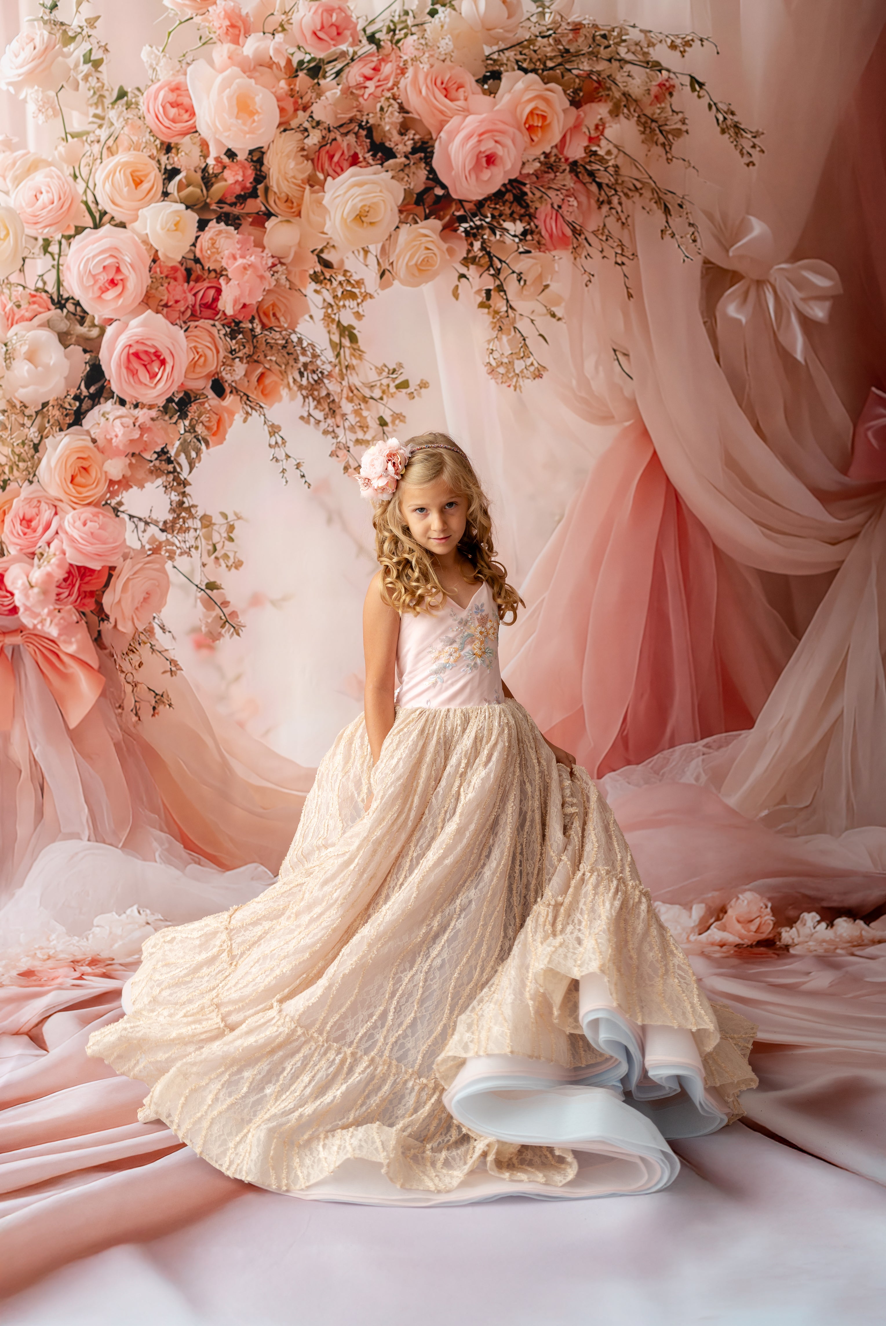 "Whimsical Garden of Dreams dress perfect for milestone portraits and photography sessions"