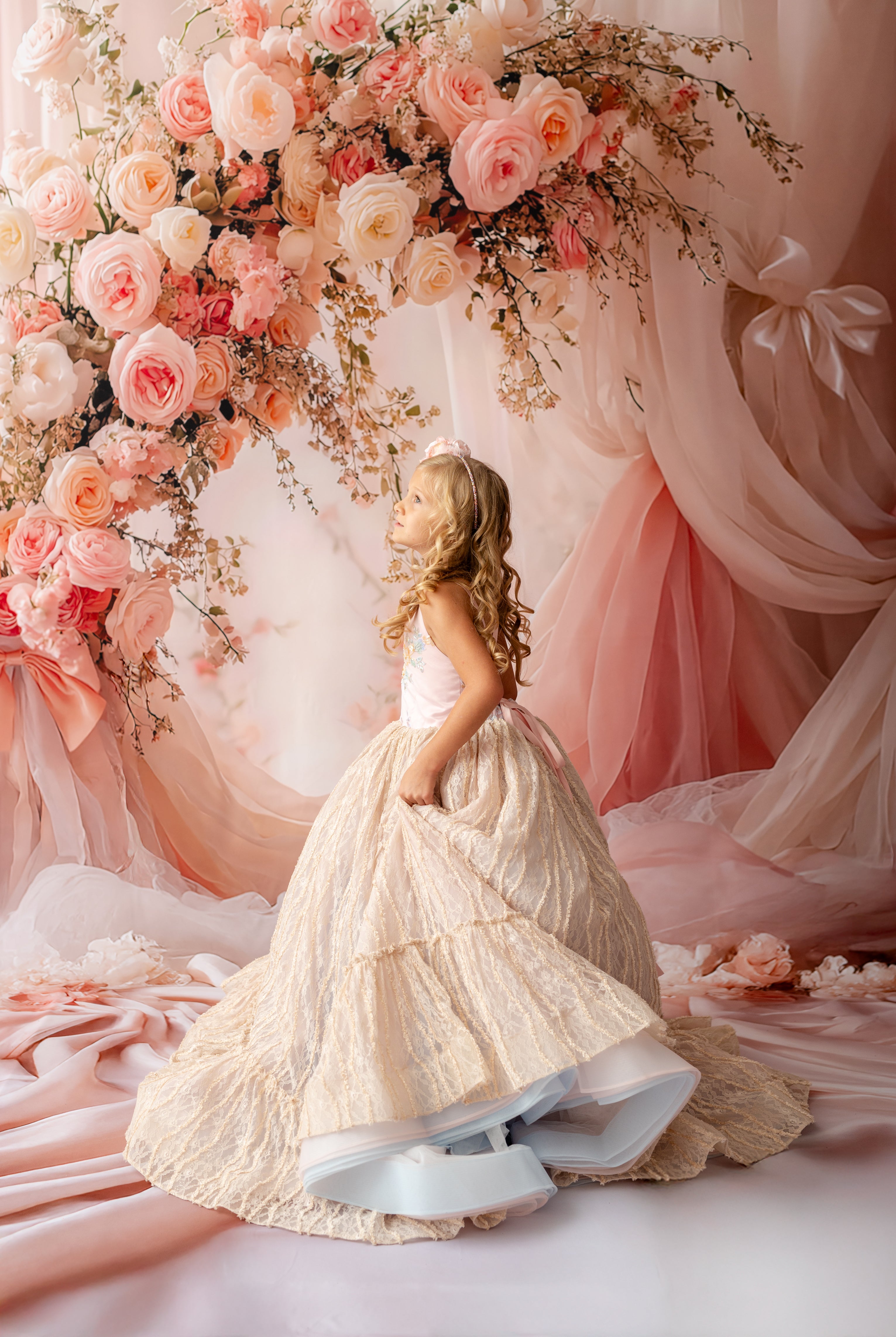 "Children’s couture gown for milestone portraits and styled sessions – Garden of Dreams dress"