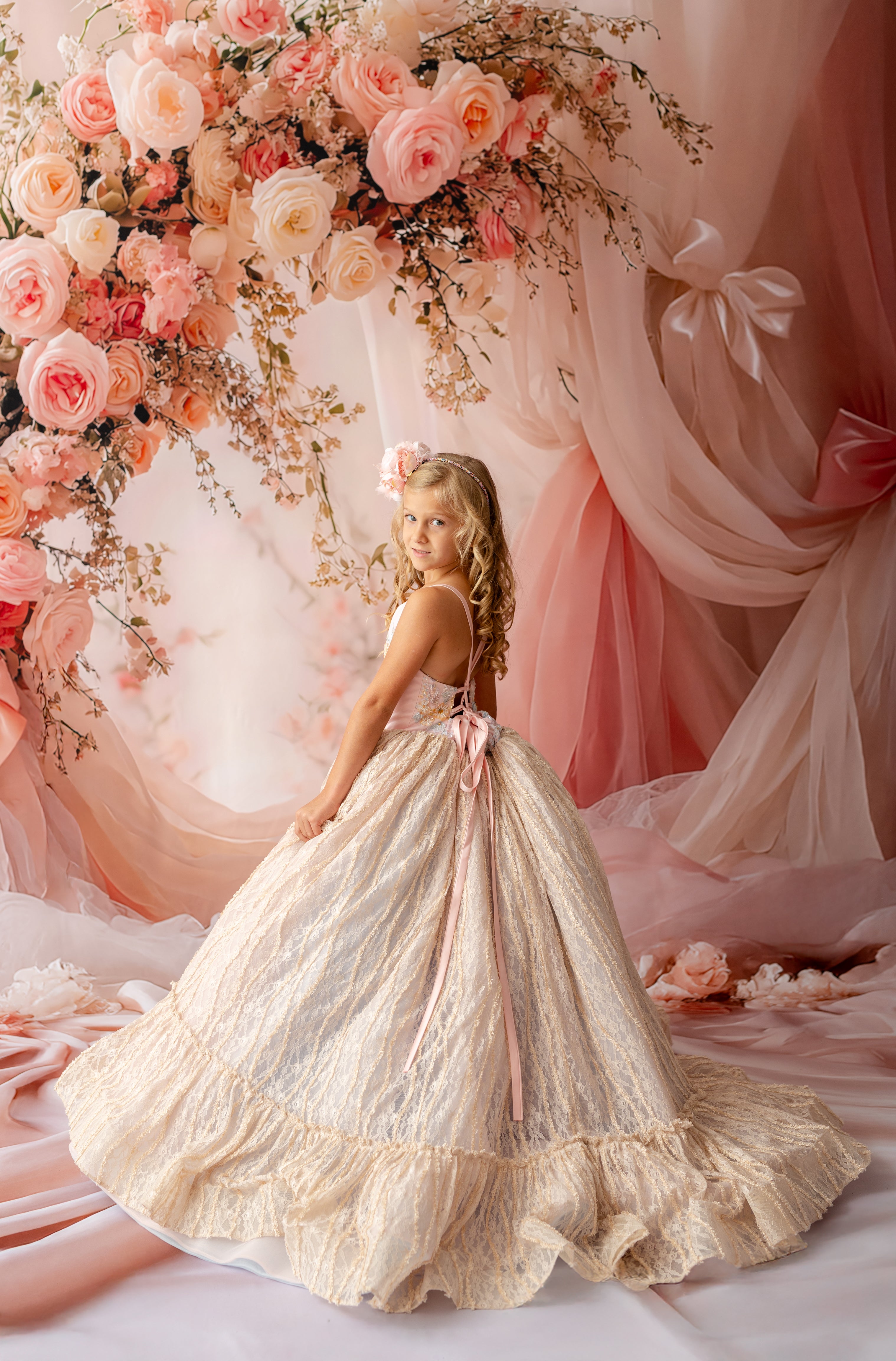 "Luxury couture flower girl dress blush pink and gold lace – perfect for weddings and photoshoots"