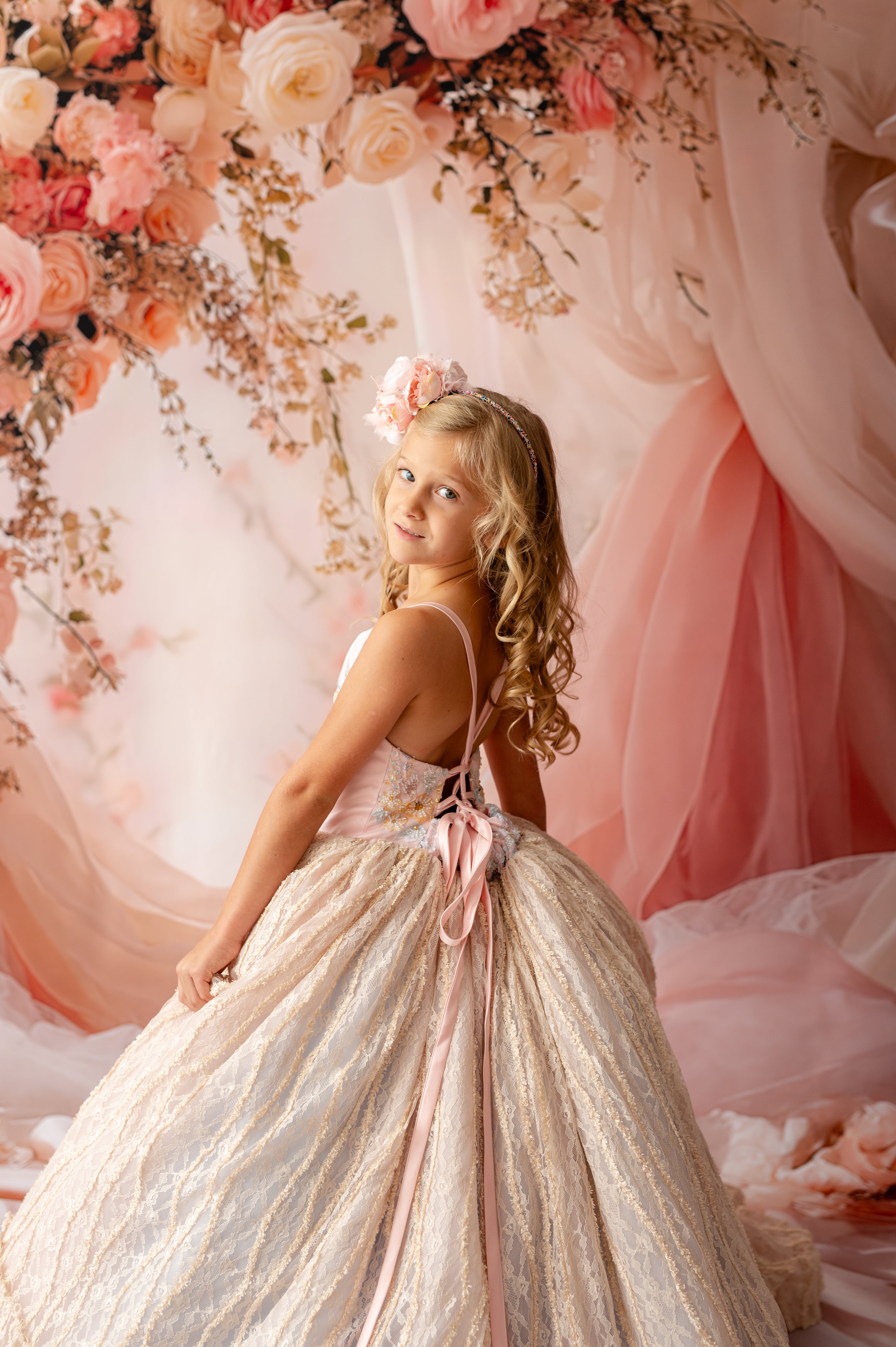 "Champagne gold lace dress for birthdays, weddings, and styled shoots"