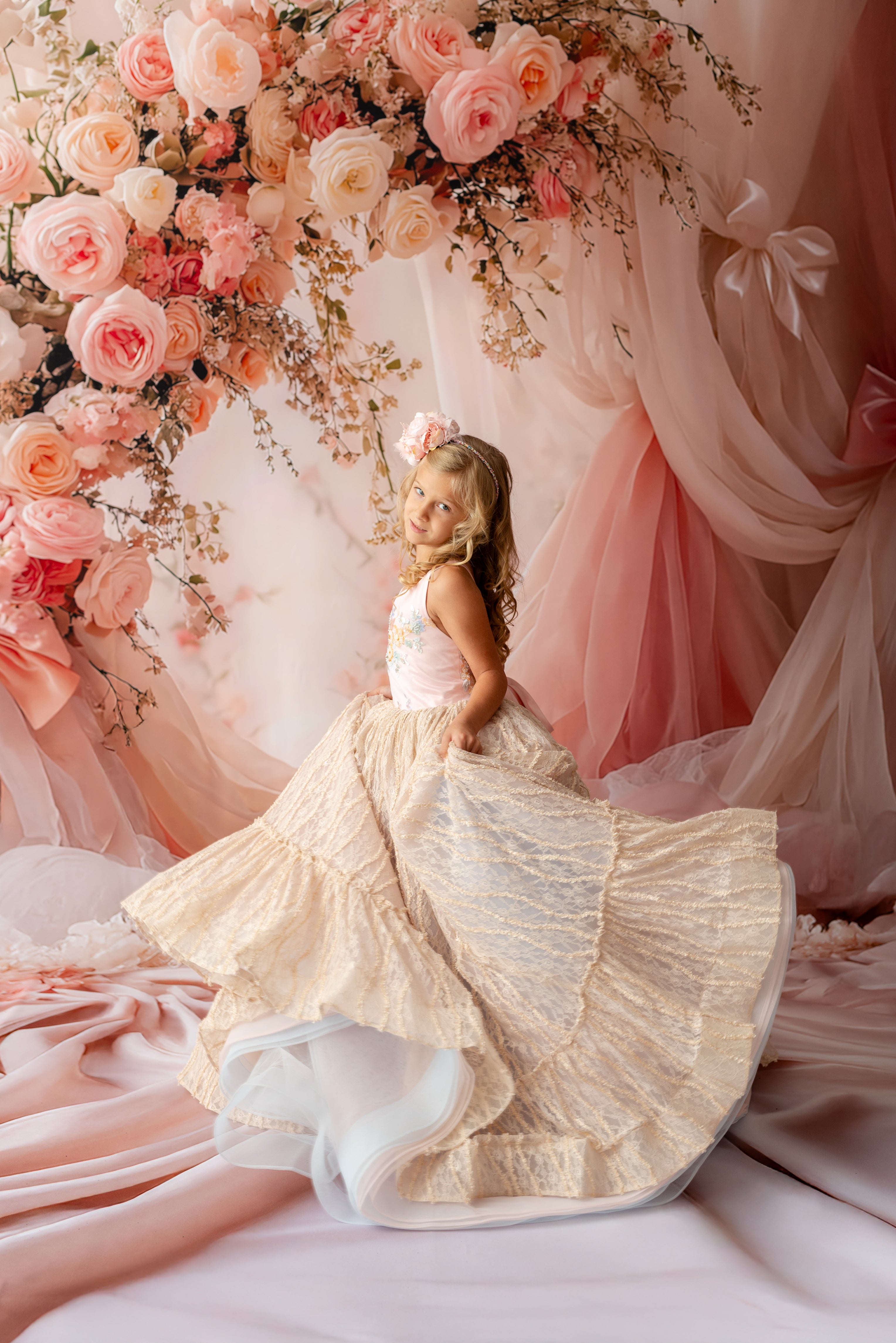 "Fine art photography gown for children with romantic floral detailing"