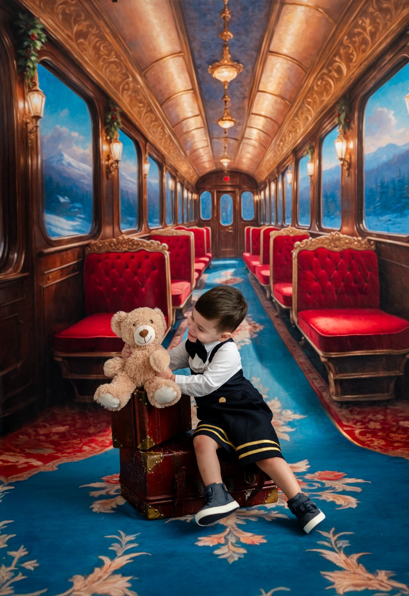 Child with a teddy bear in an opulent train carriage