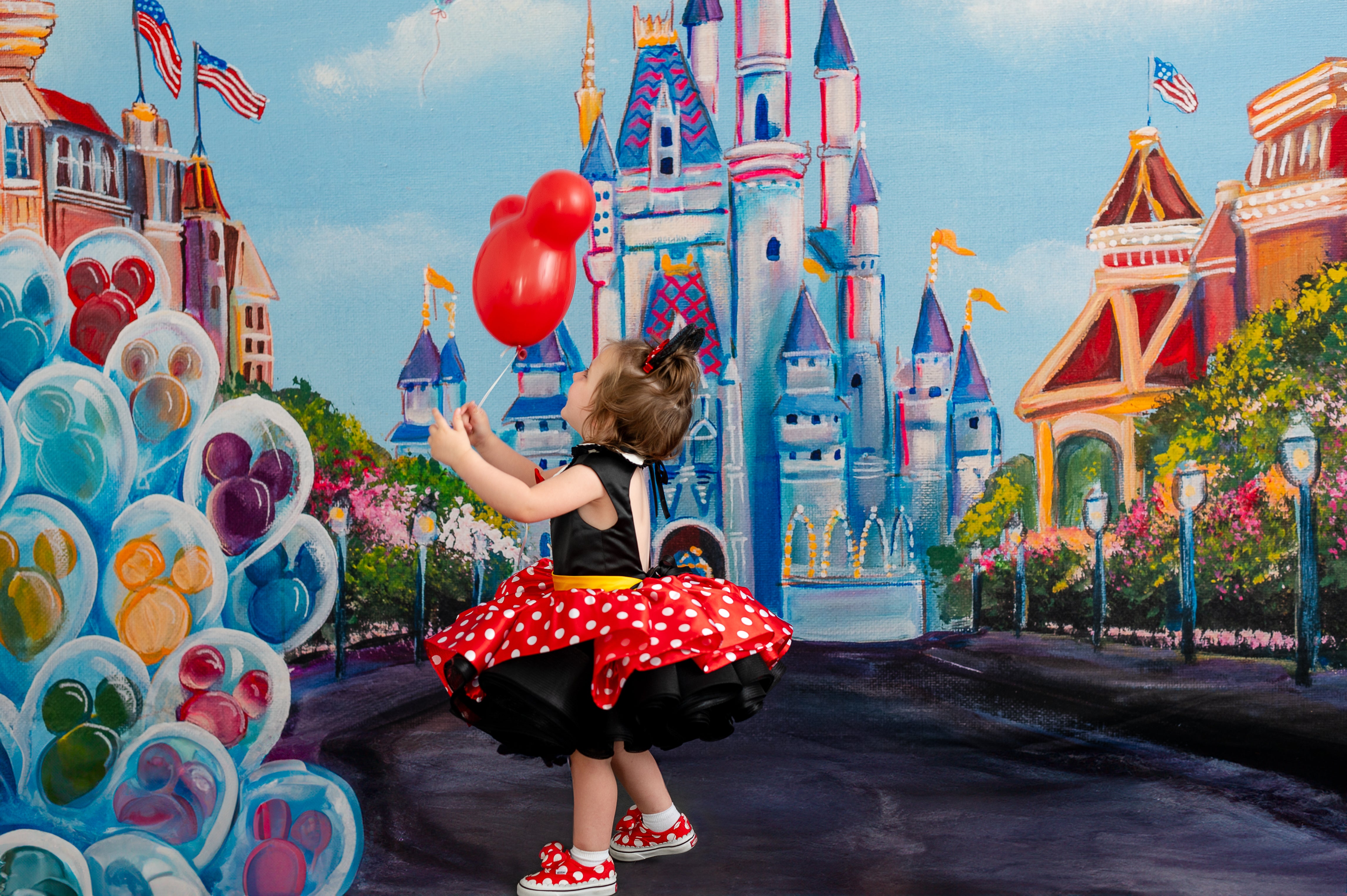 "Adorable red dress adorned with white polka dots, inspired by Minnie Mouse, showcasing a fitted bodice, flared skirt, and black ribbon accents."