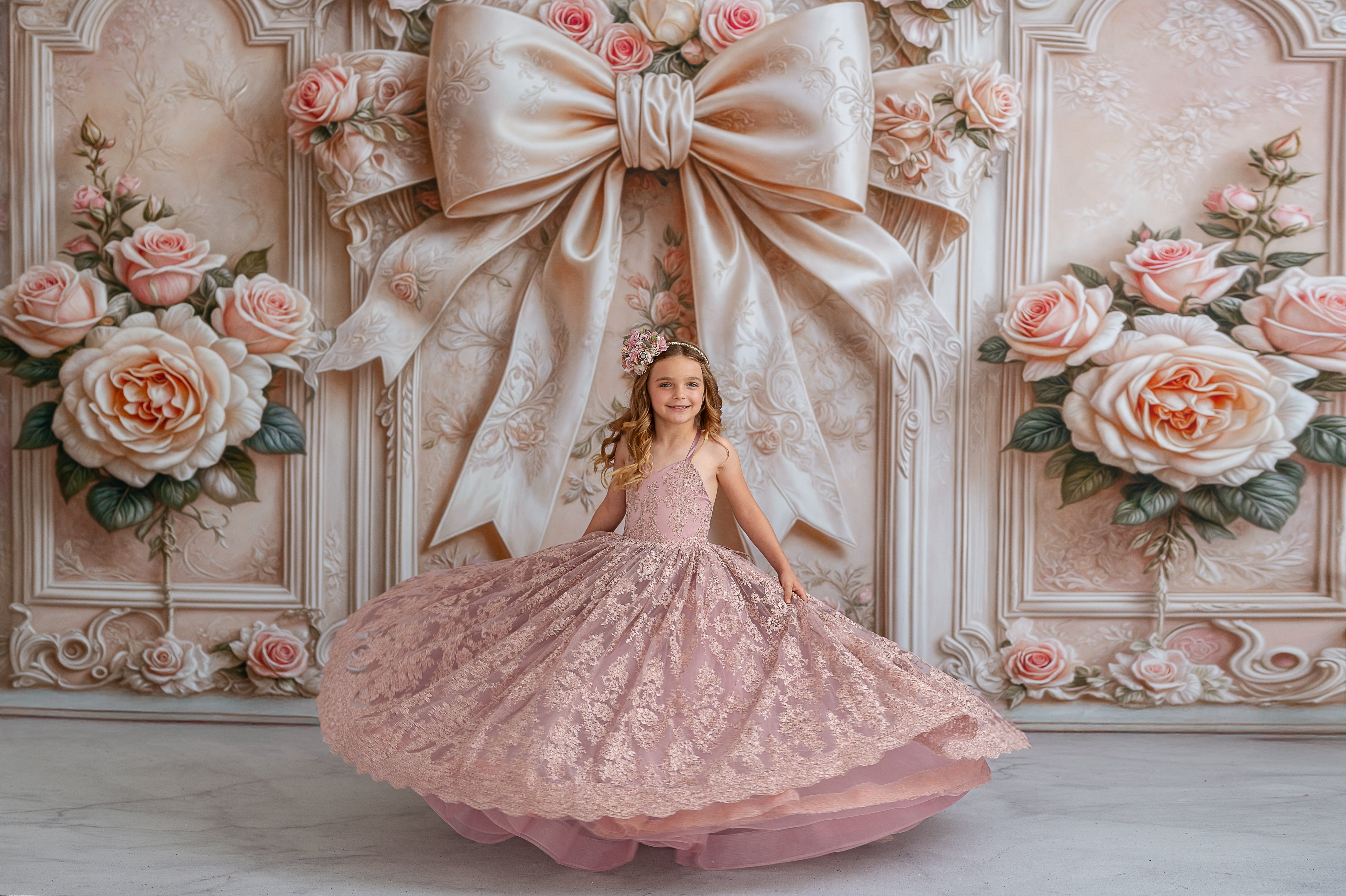 "Model wearing a timeless couture gown adorned with sparkling lace, perfect for formal occasions"