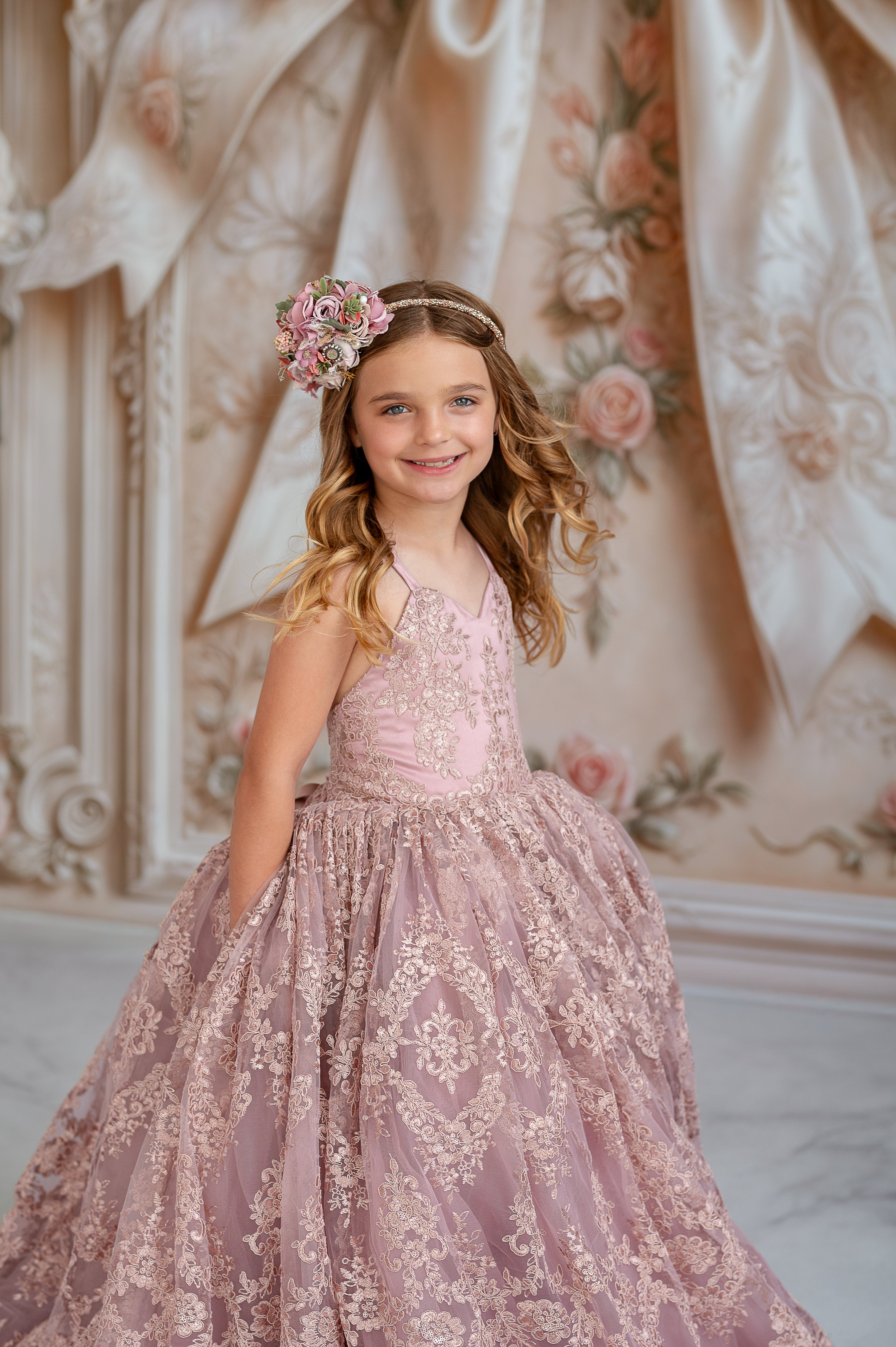 "Detailed shot of lace embroidery with shimmering accents on a sophisticated couture dress"
"Full-length couture gown with elegant lace patterns and a subtle shimmer, ideal for evening events"